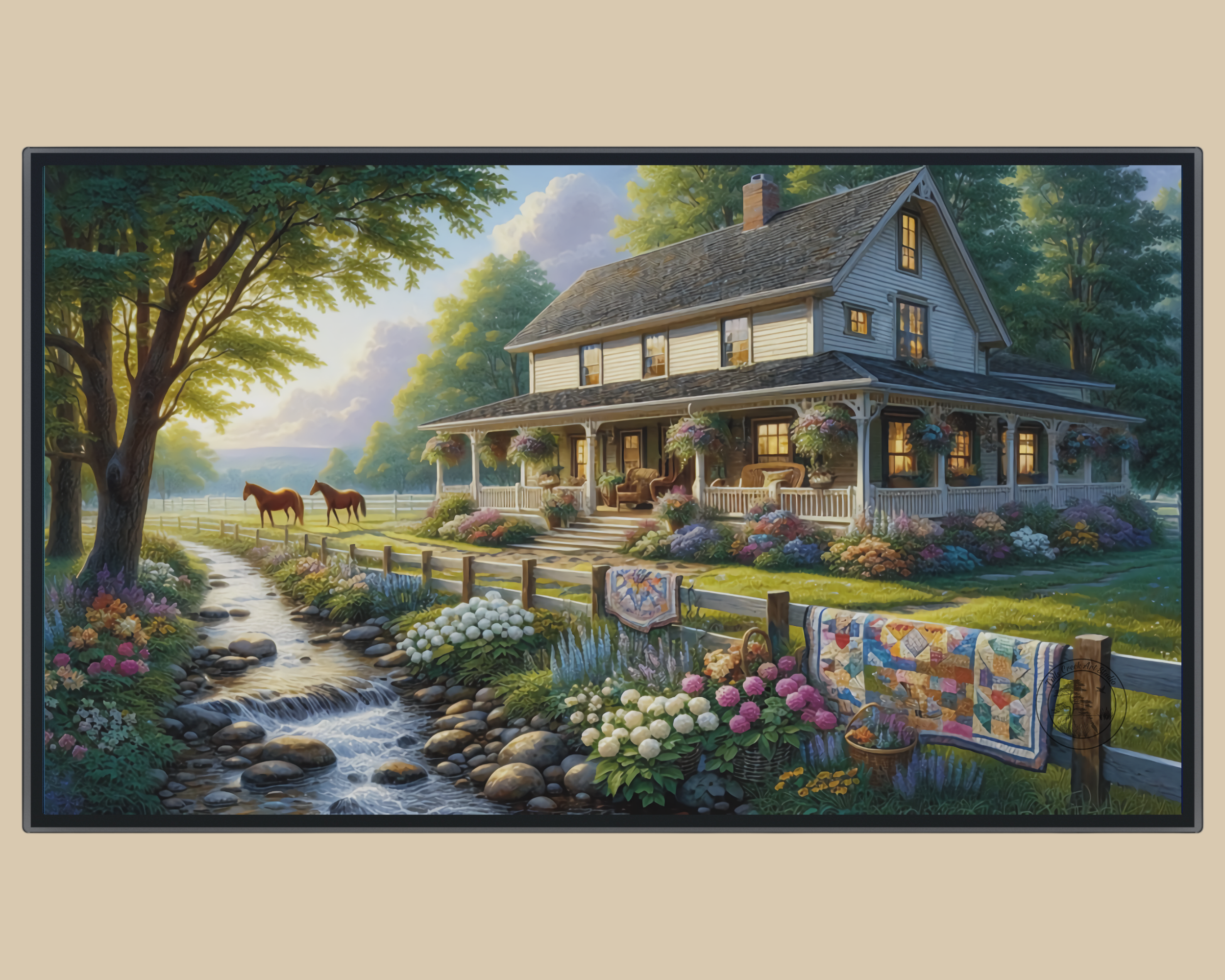 Country farmhouse artwork displayed on a Samsung Frame TV in Art Mode