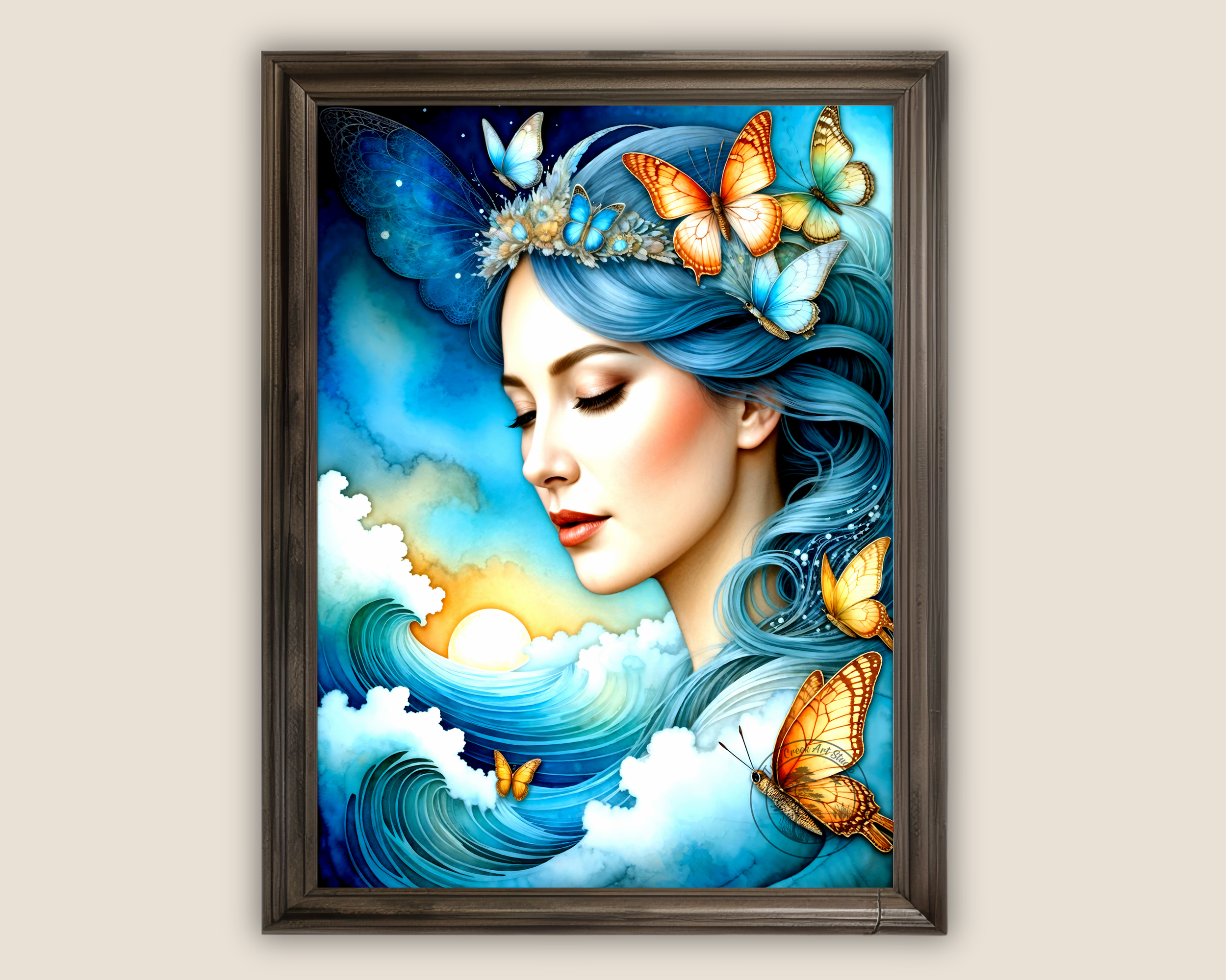 Dreamy goddess portrait with butterflies and ocean sunrise. Digital printable wall art.