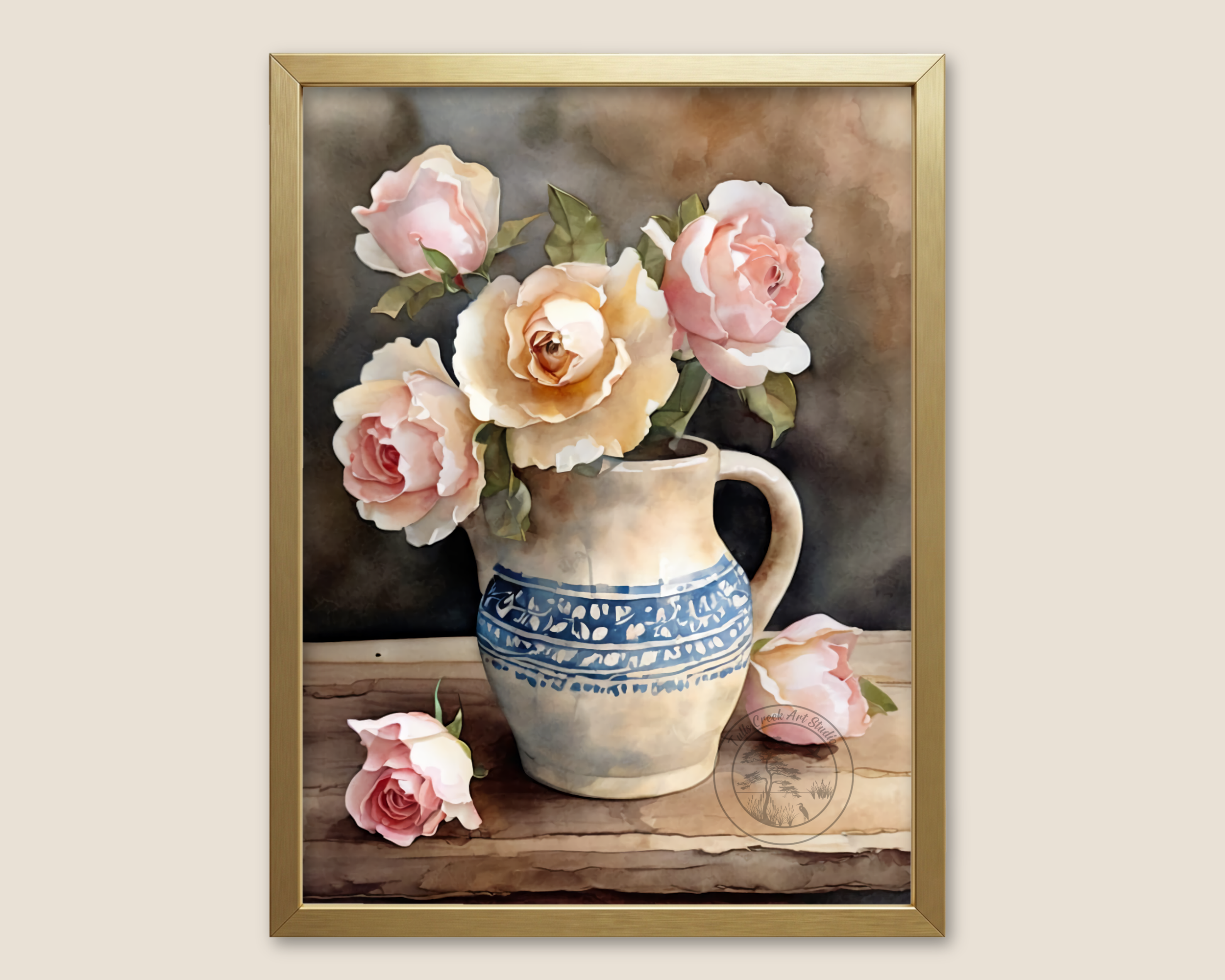Pink Roses in a Blue & Cream Crockery Pitcher