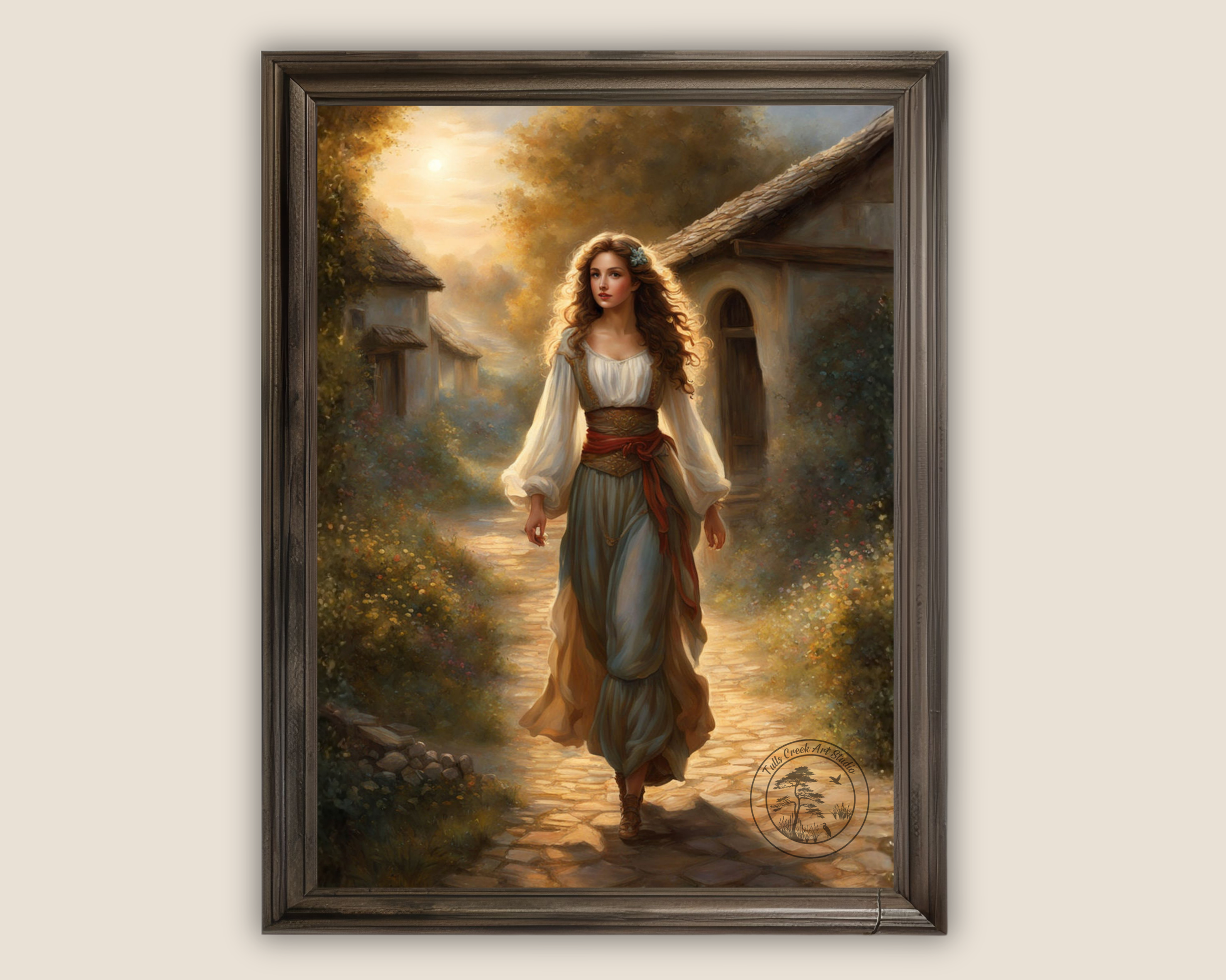 a romantic storybook-style digital art print featuring a graceful young woman walking along a golden cobblestone path in a soft, glowing village scene.