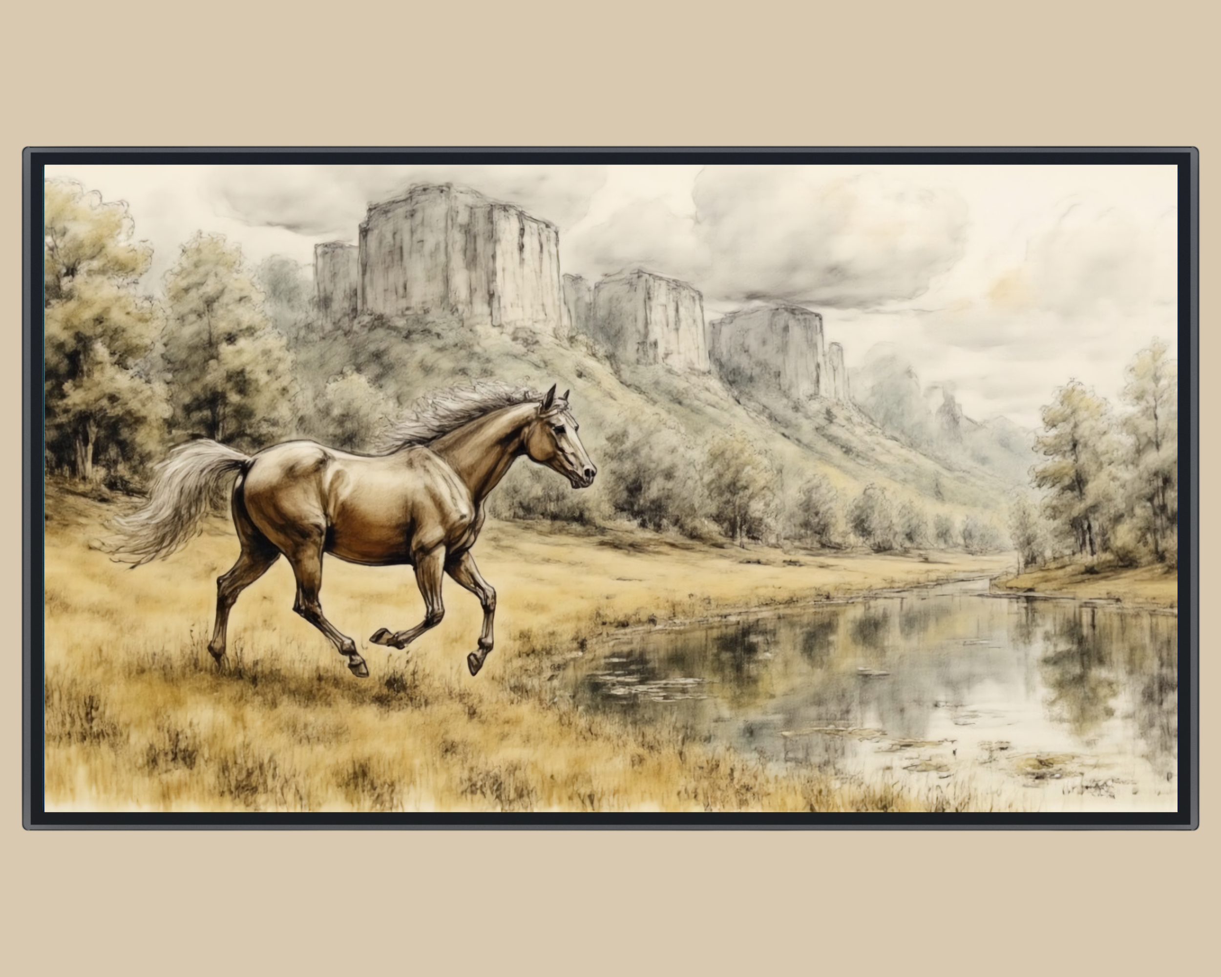 Horse artwork displayed on a Samsung Frame TV styled like a traditional framed painting.