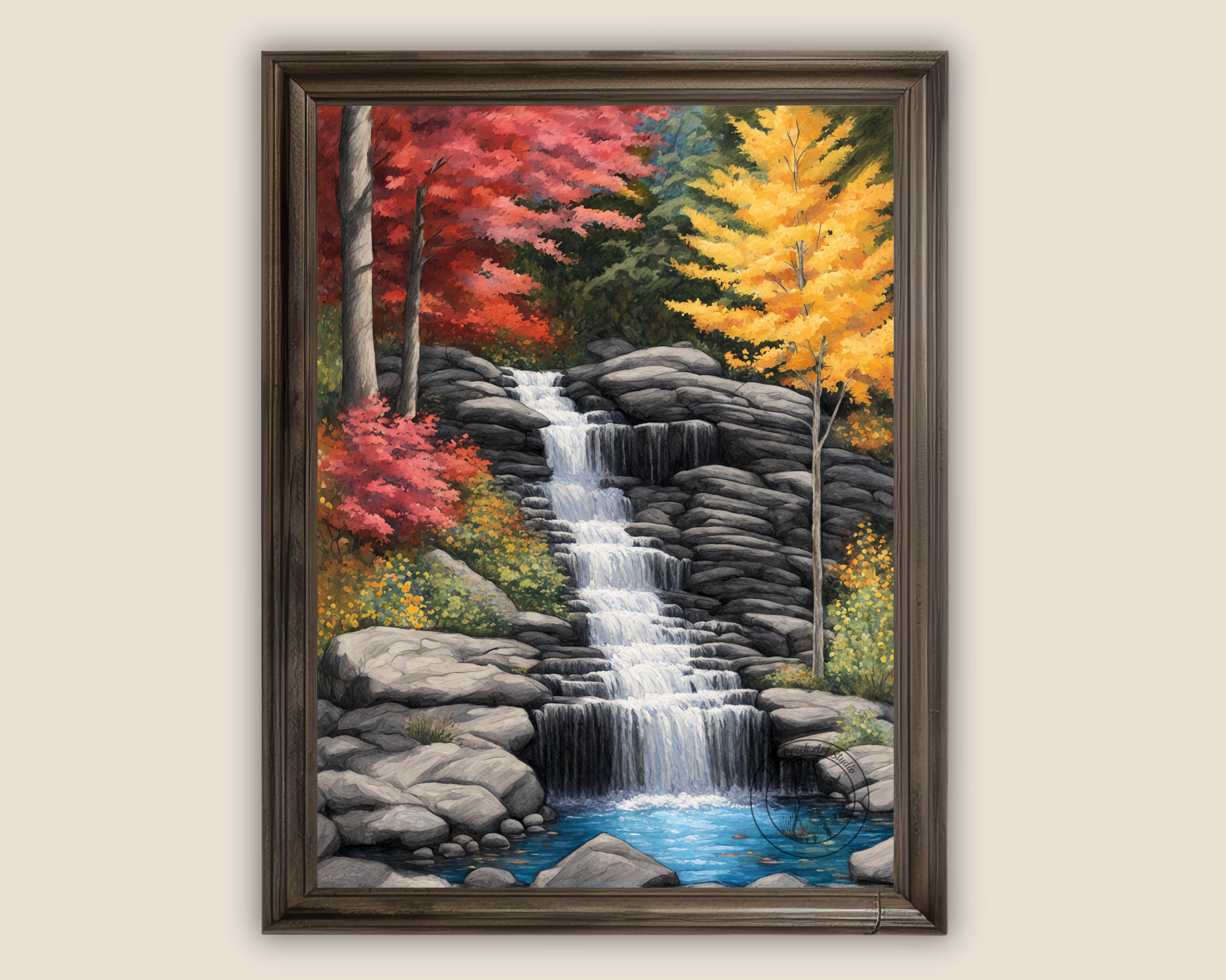 This artwork by Ray of Tulls Creek Art Studio captures a serene waterfall, surrounded by the vibrant fall colors of Virginia and North Carolina. 