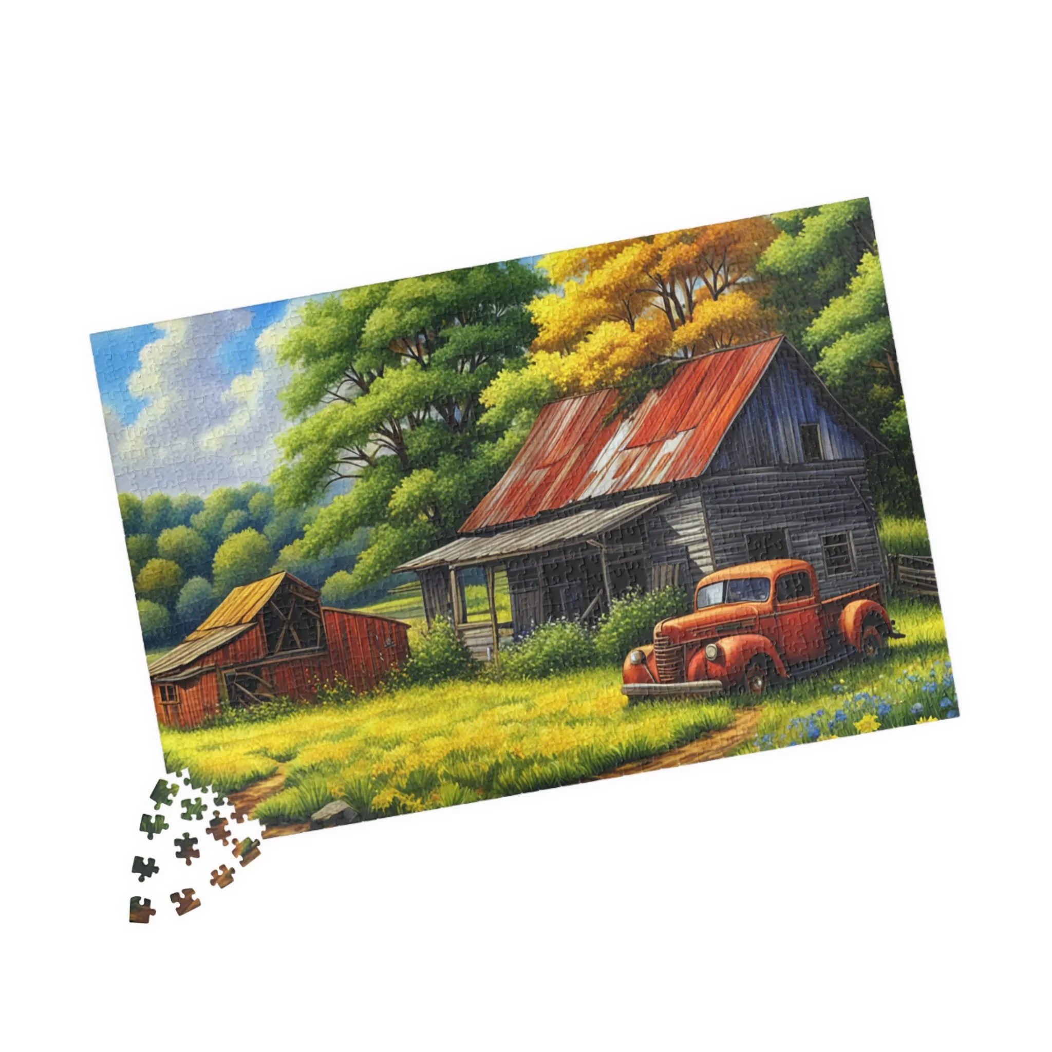 An abandoned Old Farmhouse with a red barn and a red pickup truck.