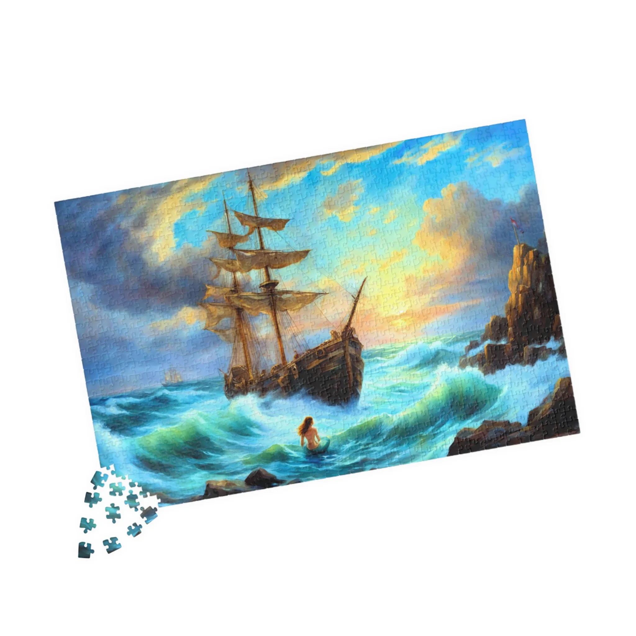 A jigsaw puzzle of a mermaid luring a ship into the rocky coast.