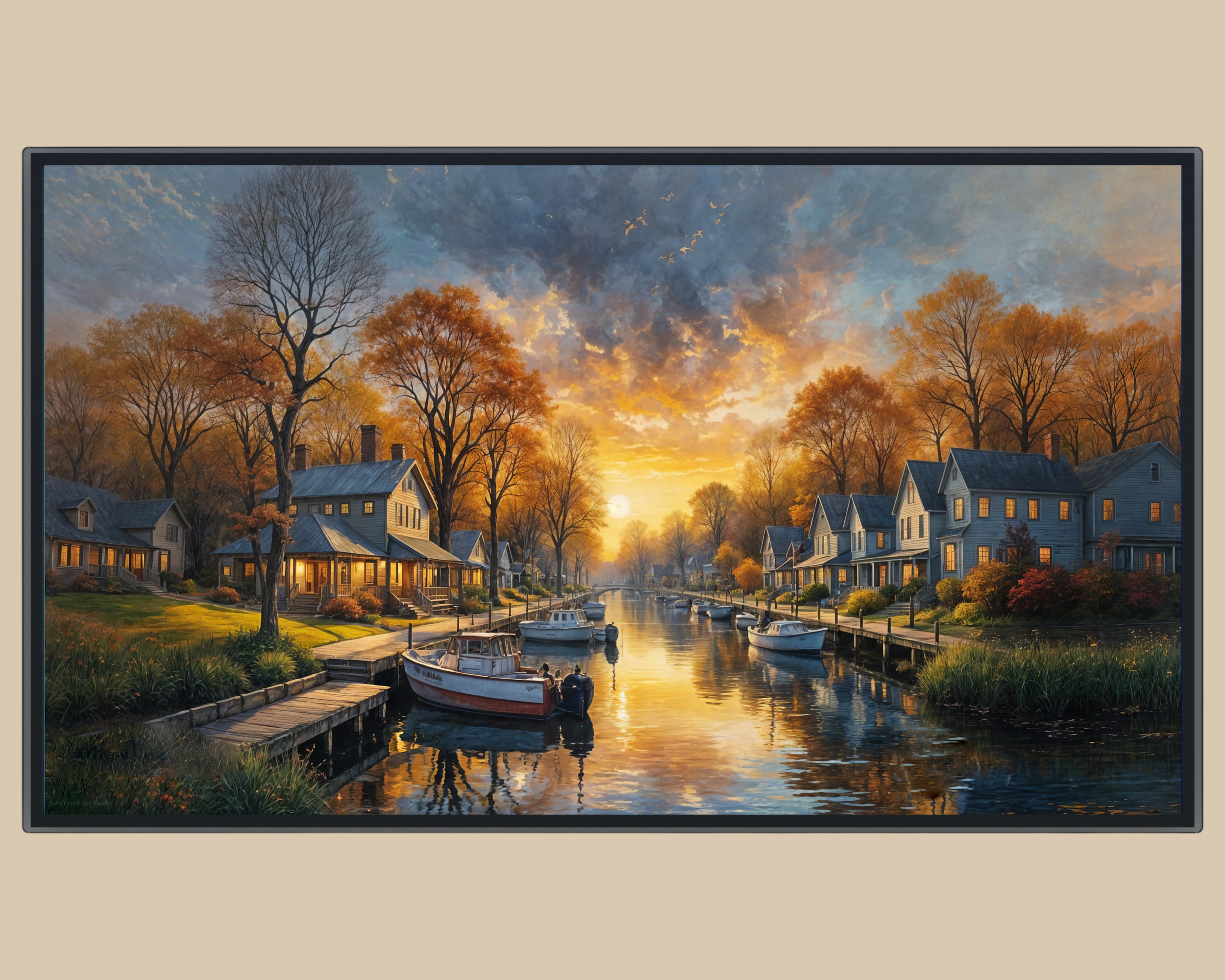 Fall on Tulls Creek captures the quiet beauty of a crisp autumn evening along a peaceful waterway lined with charming cottages and fishing boats. Warm golden light reflects across the water as the trees blaze in hues of amber, rust, and gold.