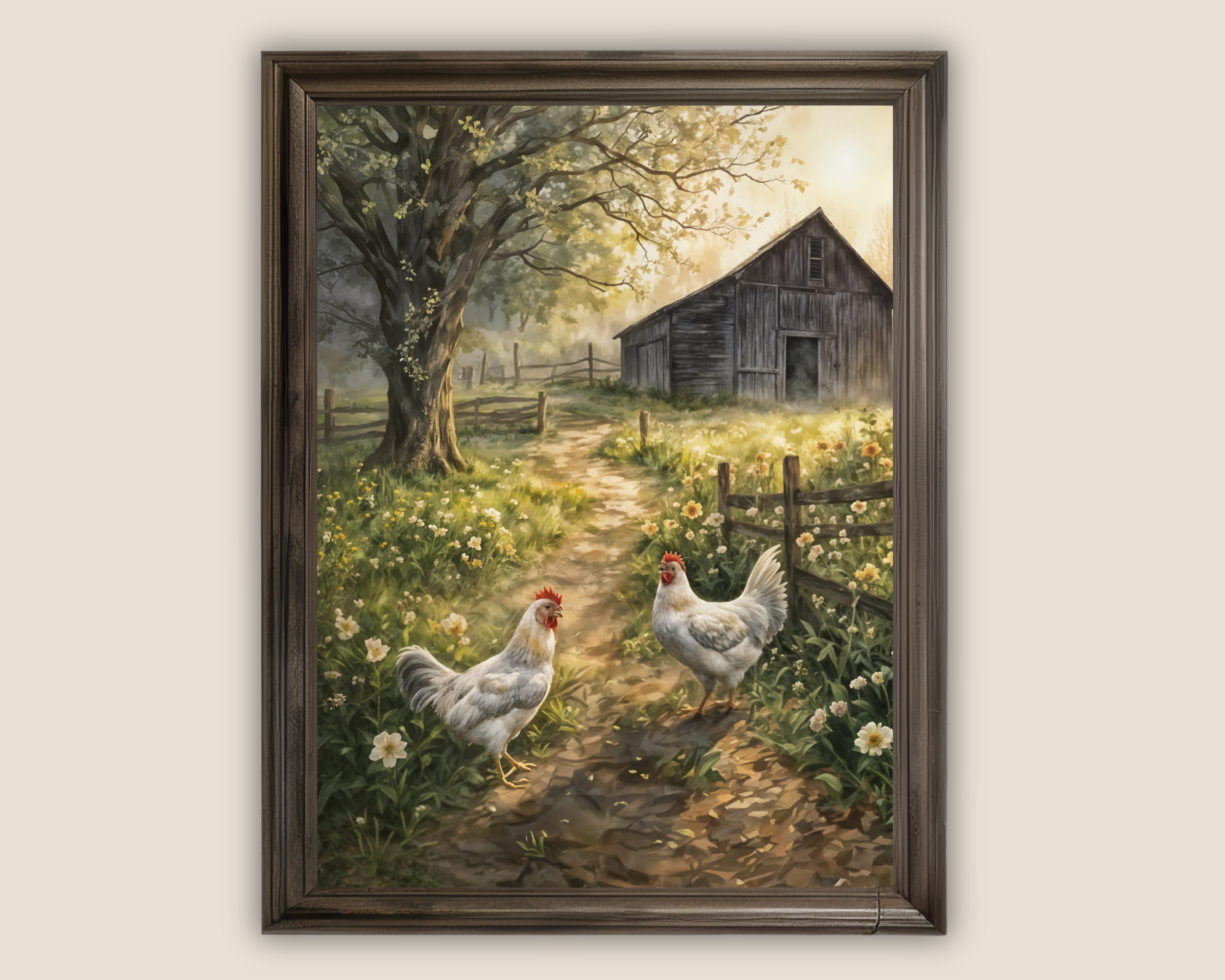 Painting of a rural farm scene at sunset with two chickens on a dirt path, a large tree with leaves, a wooden fence, wildflowers, and an old barn.