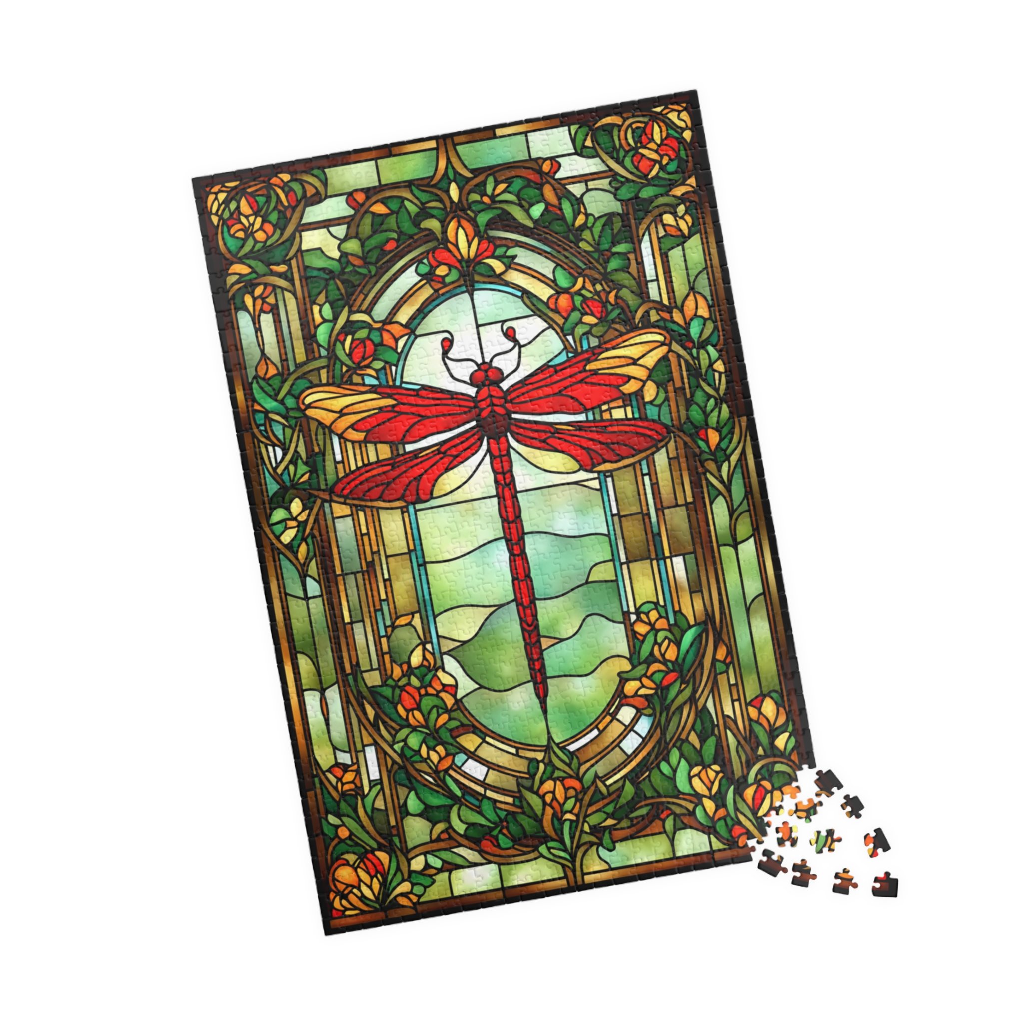 A jigsaw puzzle of a Red Dragonfly captured in stained glass.