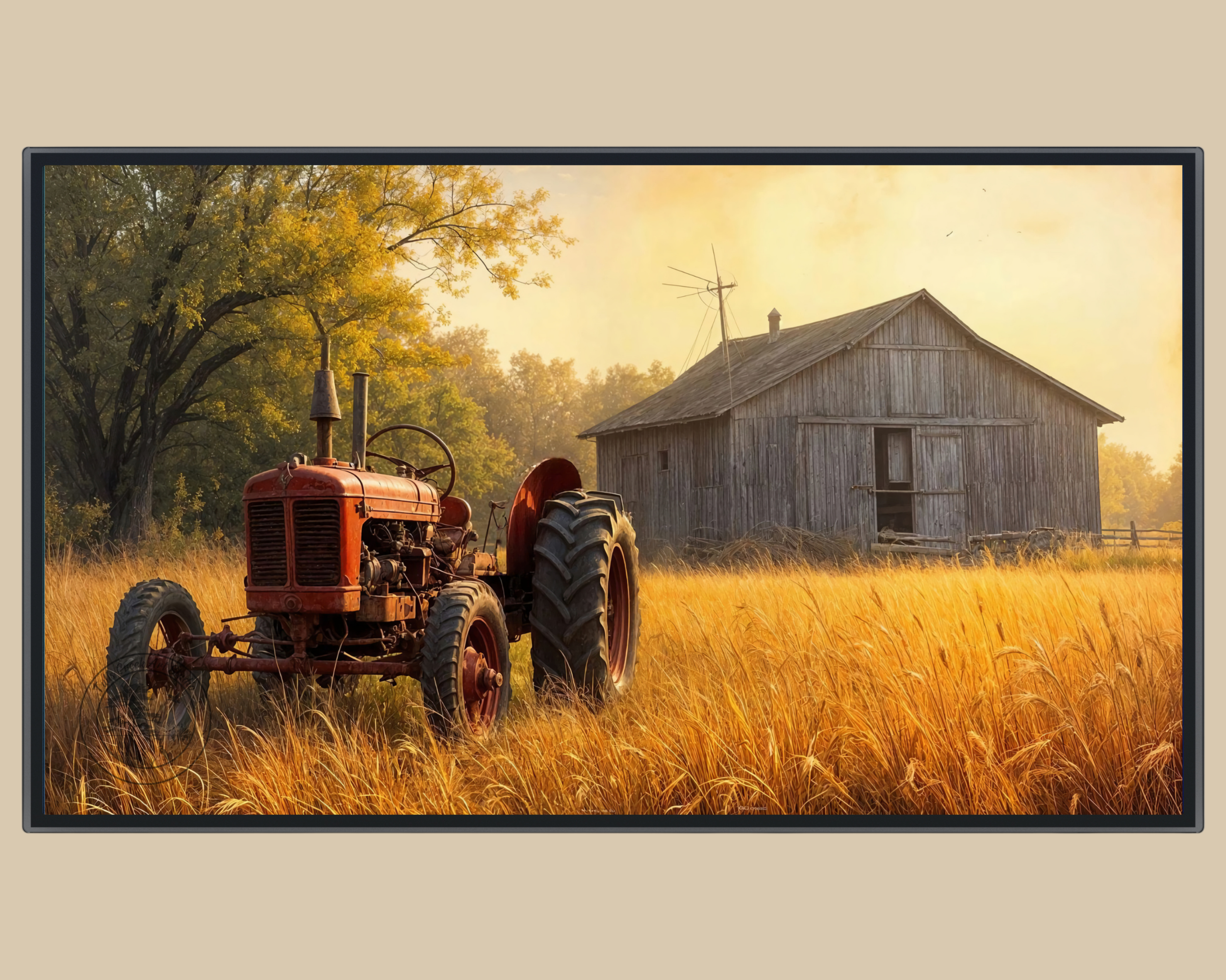 Country landscape artwork featuring a tractor and barn in autumn light