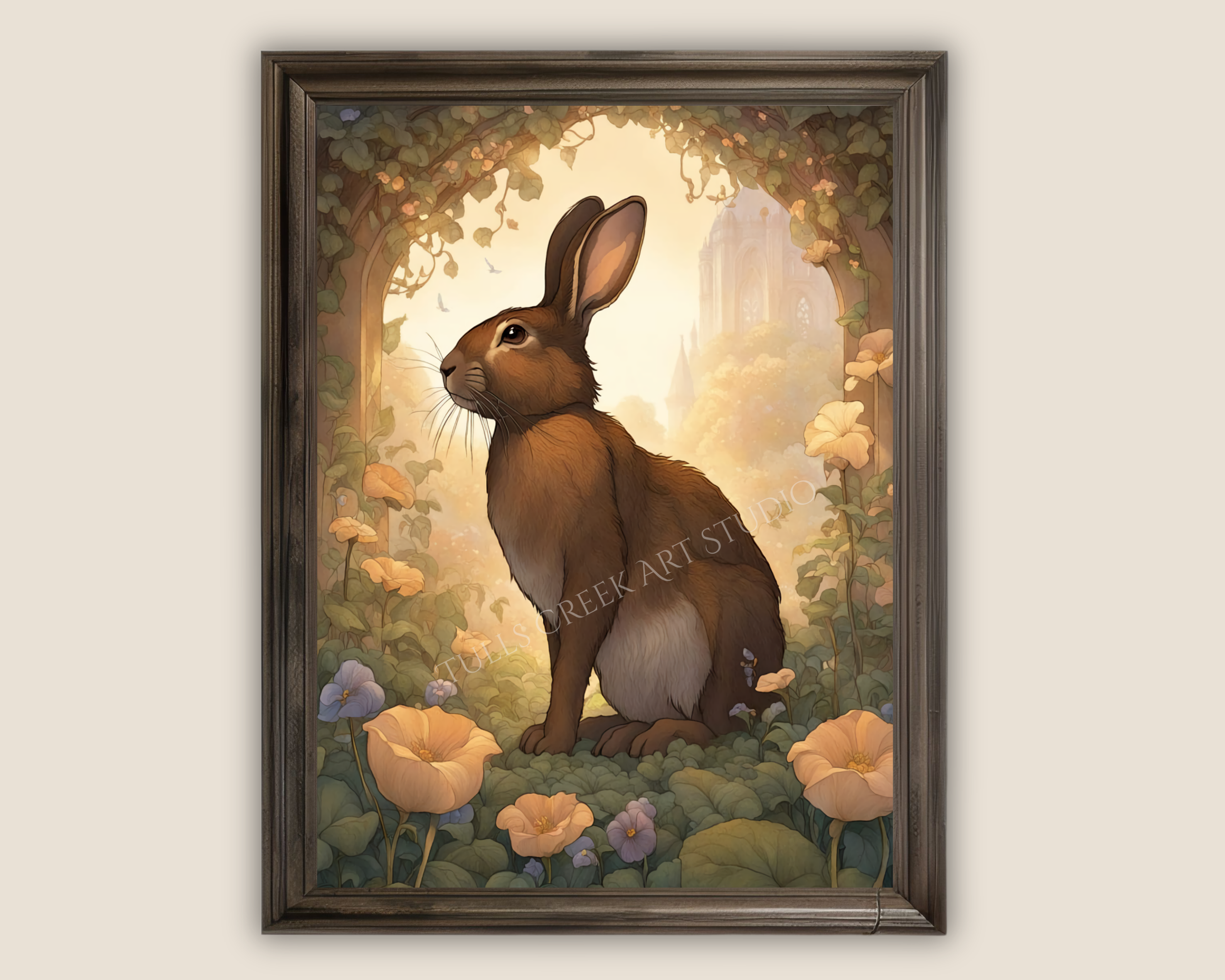 A framed digital painting of a brown hare sitting among colorful flowers in a lush, garden setting with a castle in the background.