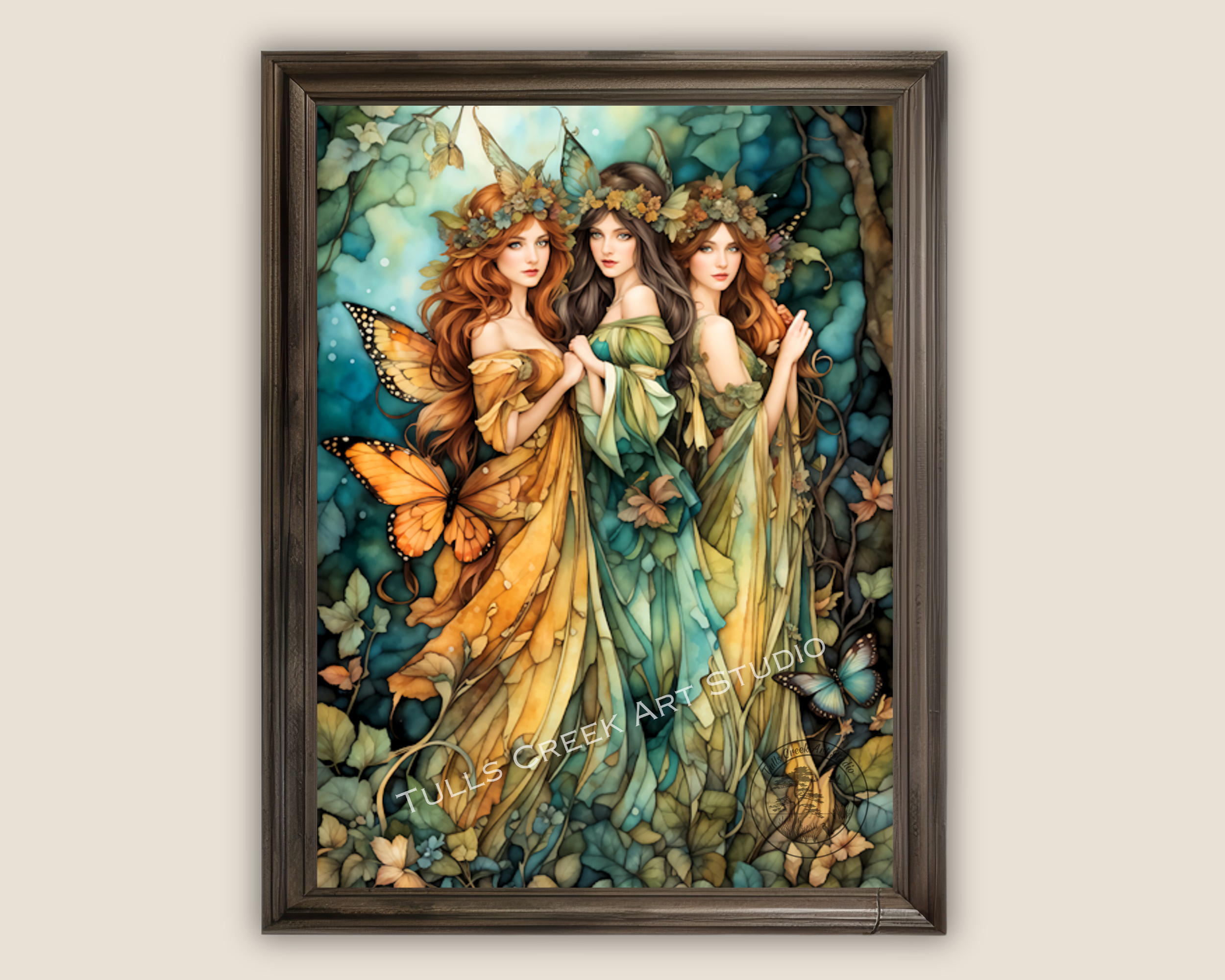 Bohemian watercolor artwork featuring three fairy sisters in an autumn forest. 