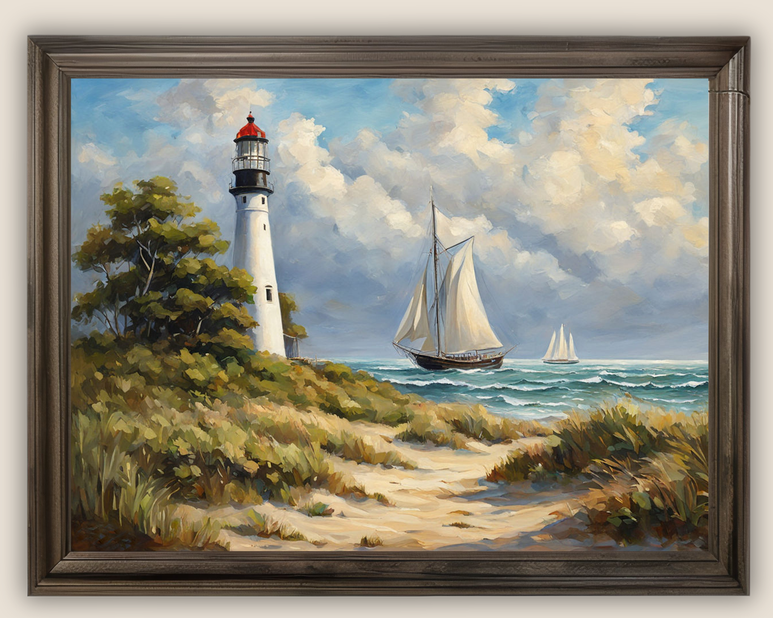 A Boat sailing past a white lighthouse