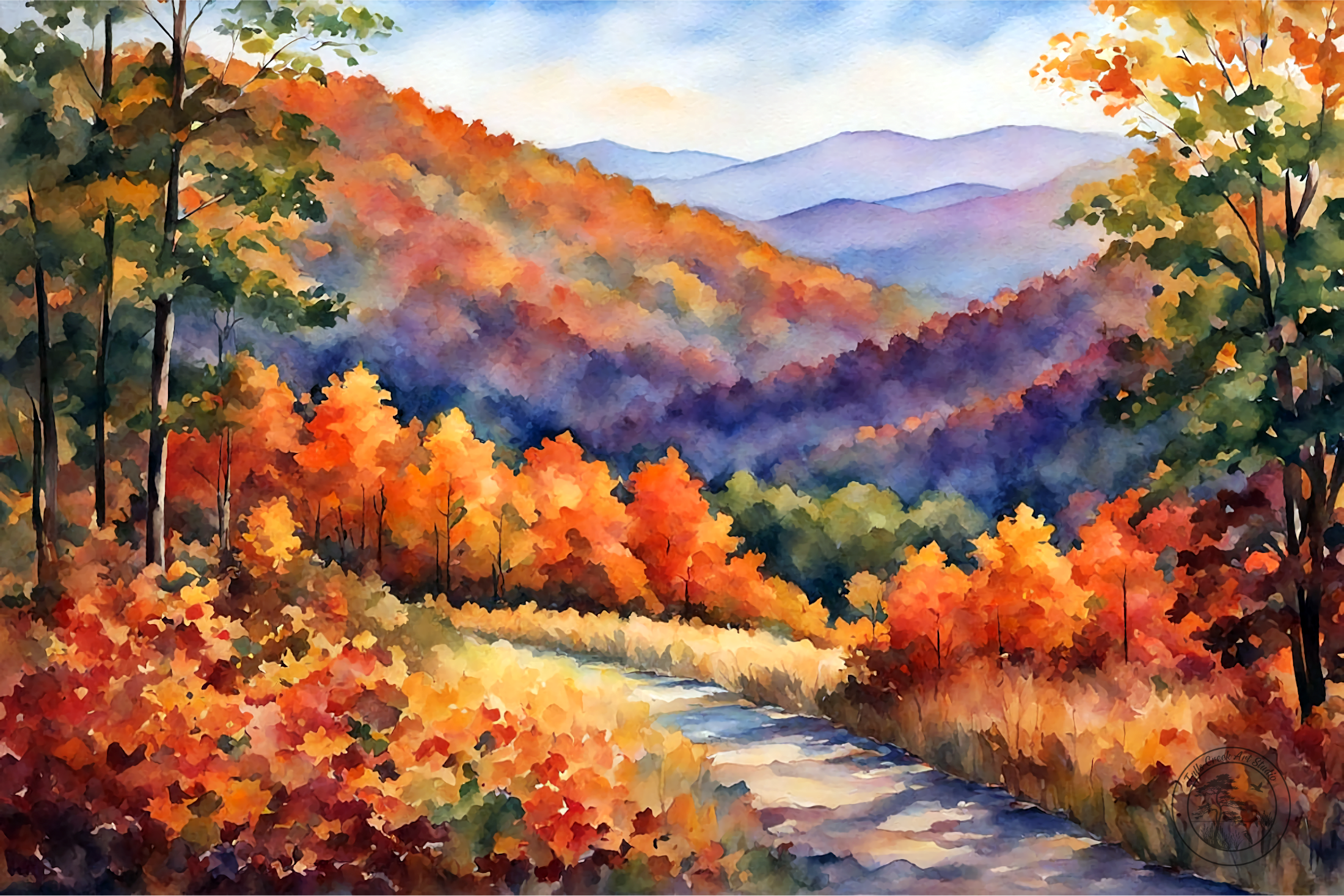 A watercolor painting of a mountain landscape in autumn, featuring colorful trees in red, orange, yellow, and green, a winding dirt path, and distant purple mountains under a daytime sky.