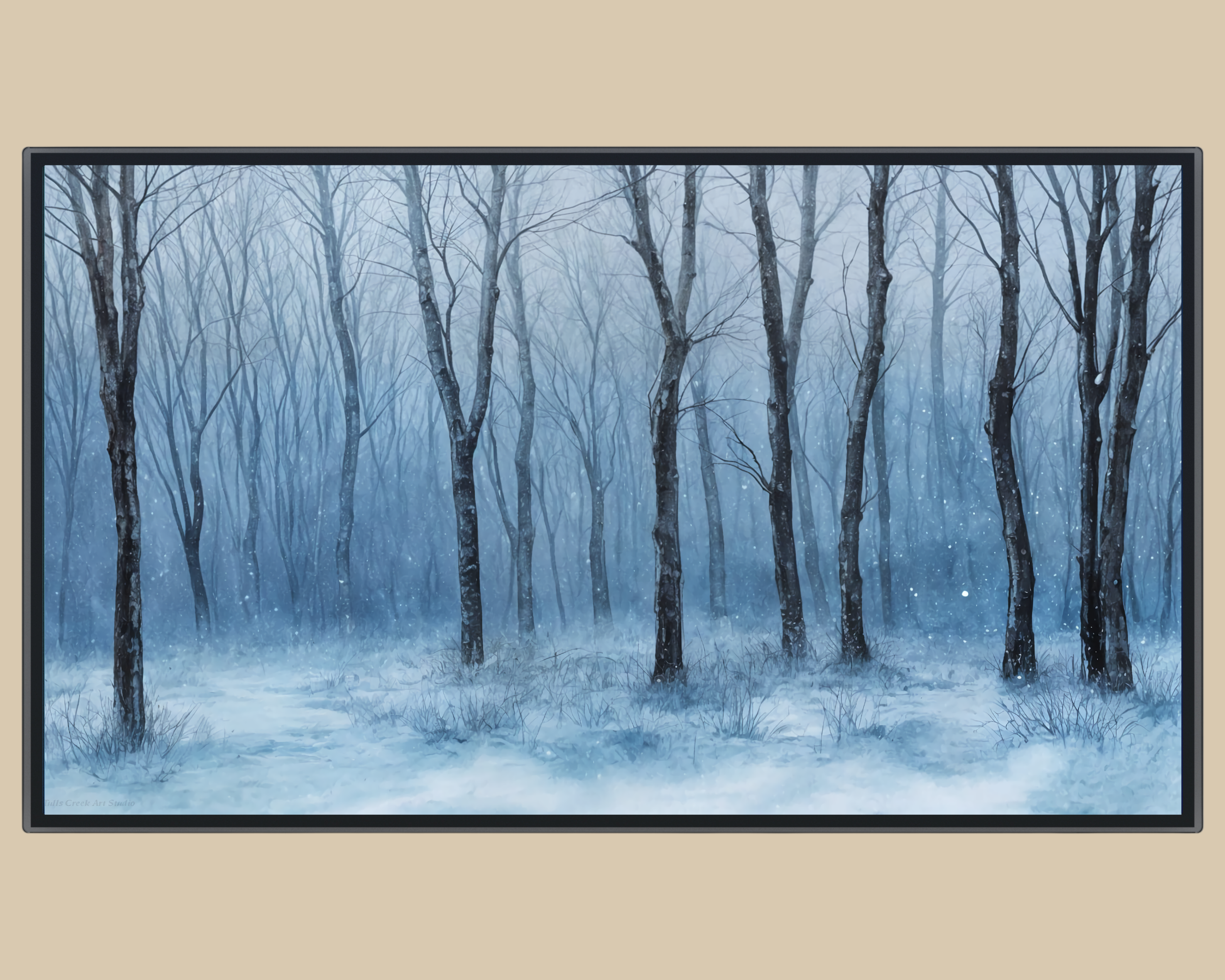 This tranquil forest scene features tall, bare trees dusted with snow under a misty blue haze — the perfect way to create a peaceful, cozy atmosphere on your Samsung Frame TV or any 16:9 display.