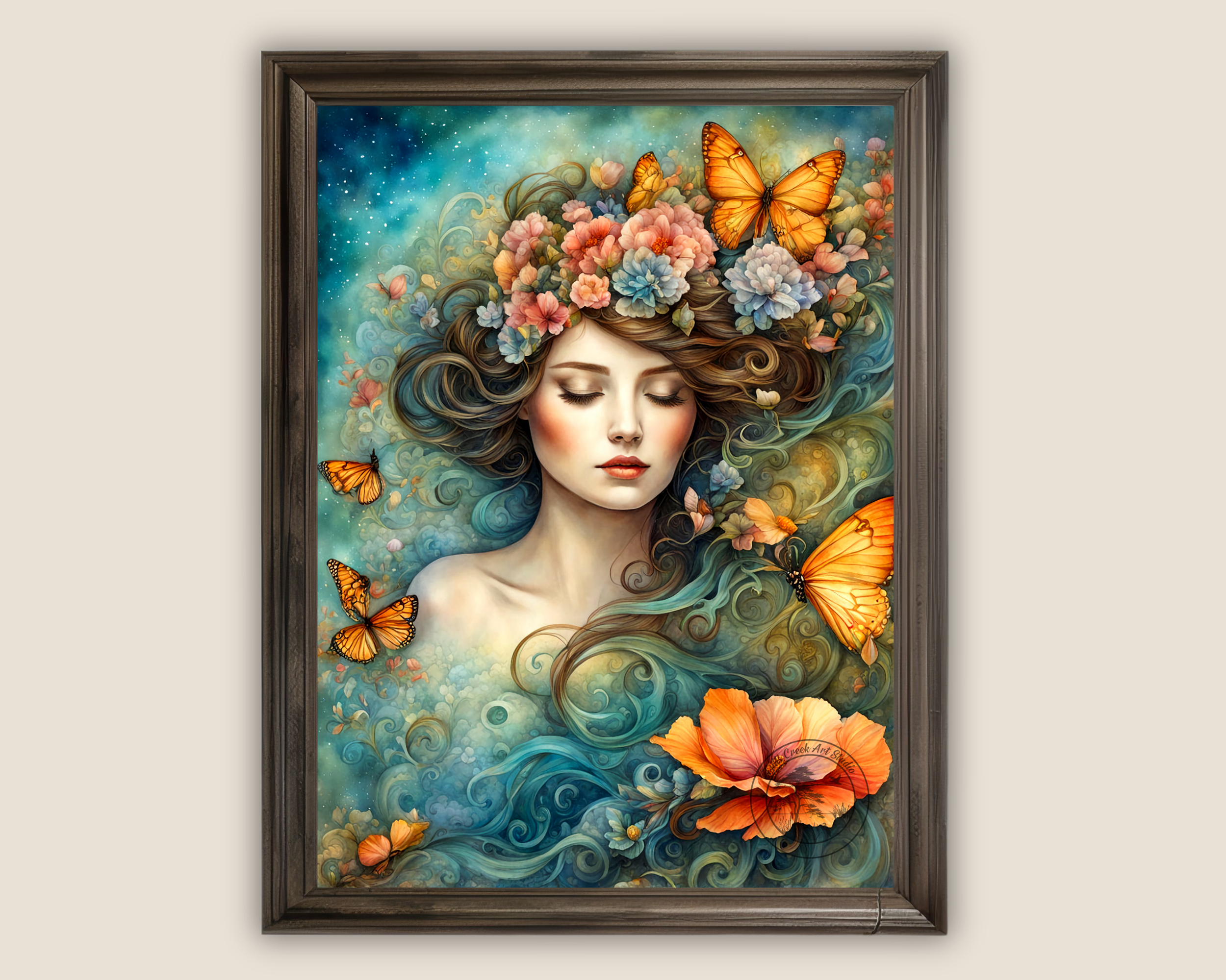 Ethereal Woman with Flowers & Monarchs Butterflies