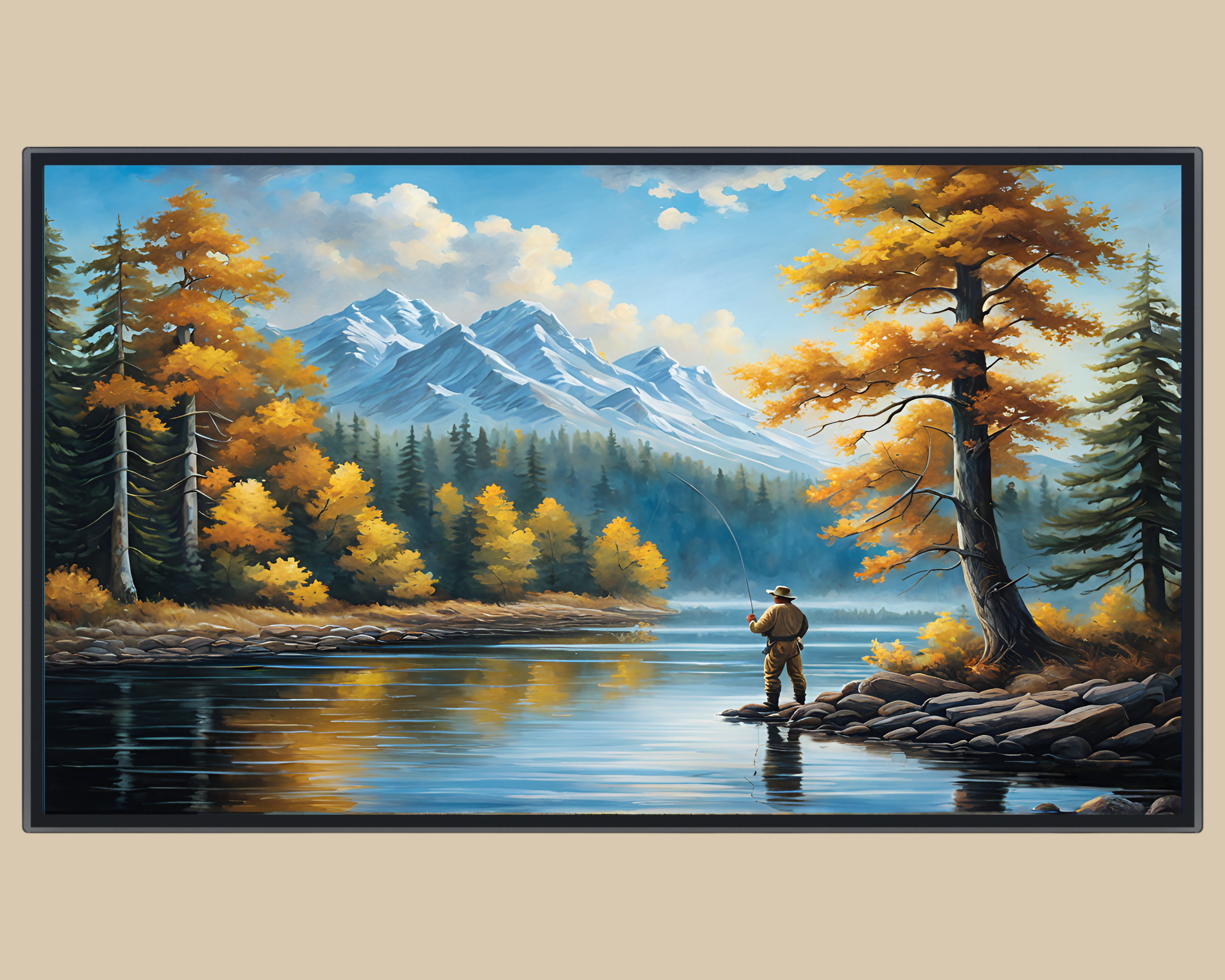A fisherman stand on the banks of a lake in the Rocky Mountians