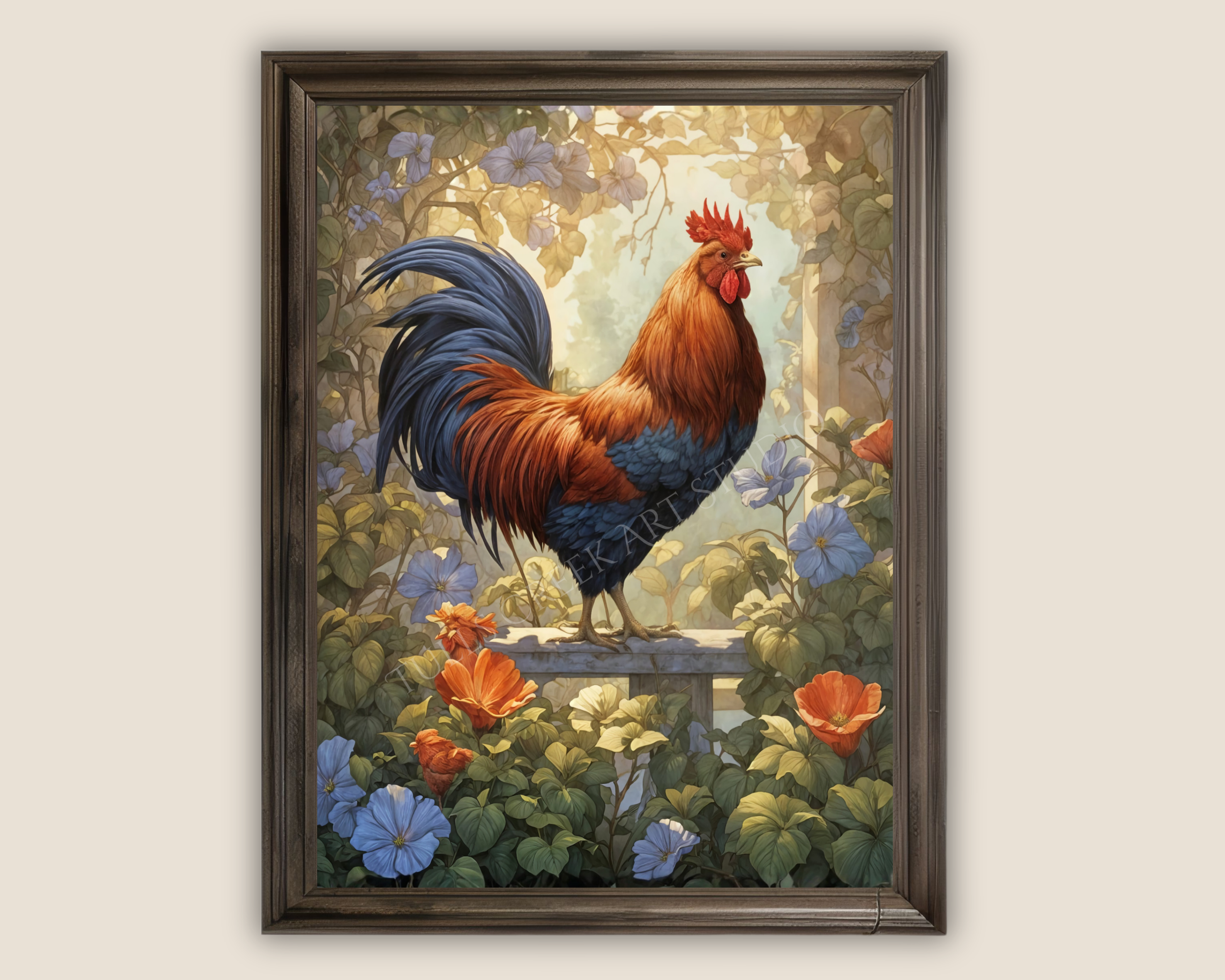 Painting of a colorful rooster with orange, blue, and black feathers, standing on a ledge amid blue and orange flowers and green foliage, with sunlight filtering through the trees in the background.