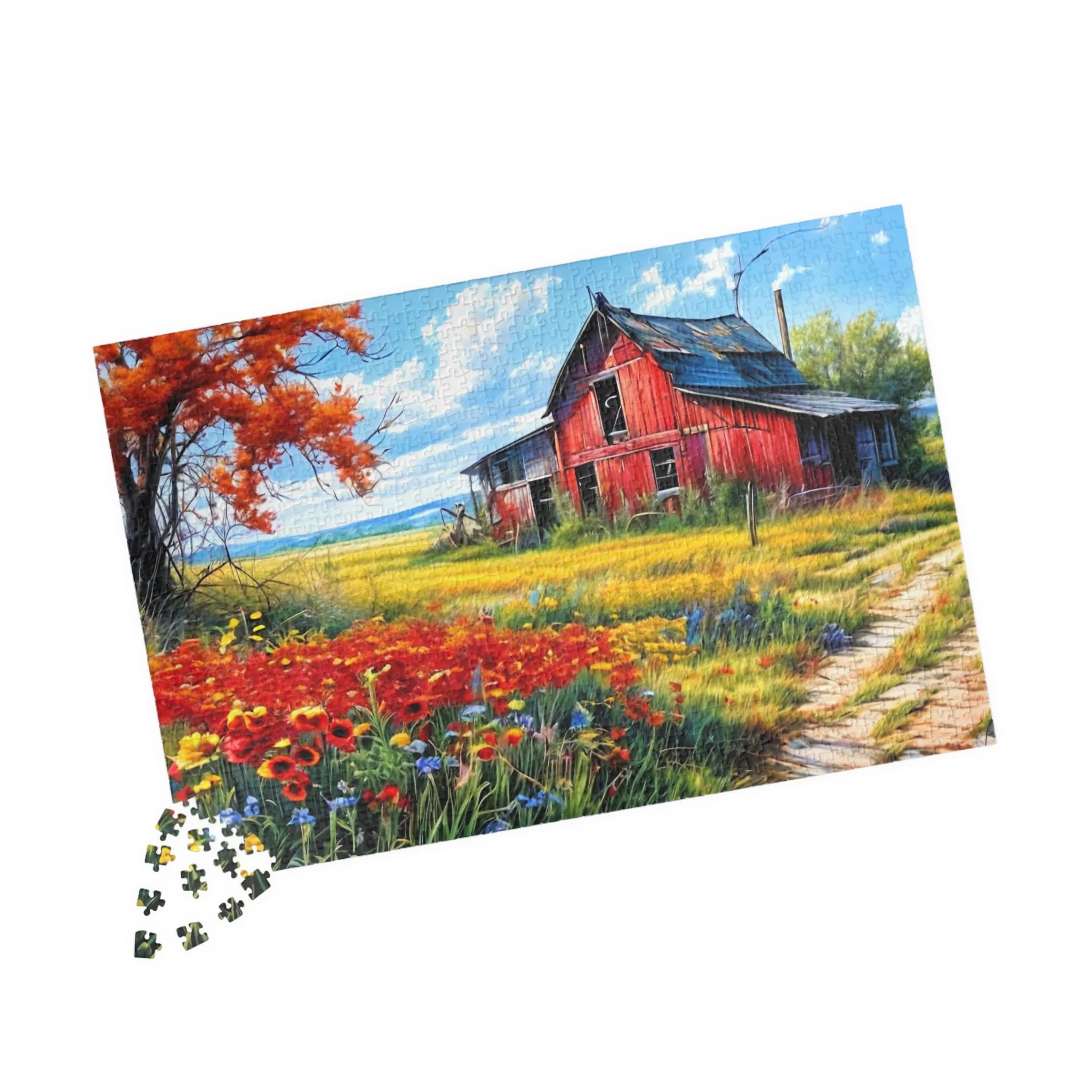 A fine art jigsaw puzzle depicting a old red barn under a beautiful blue sky