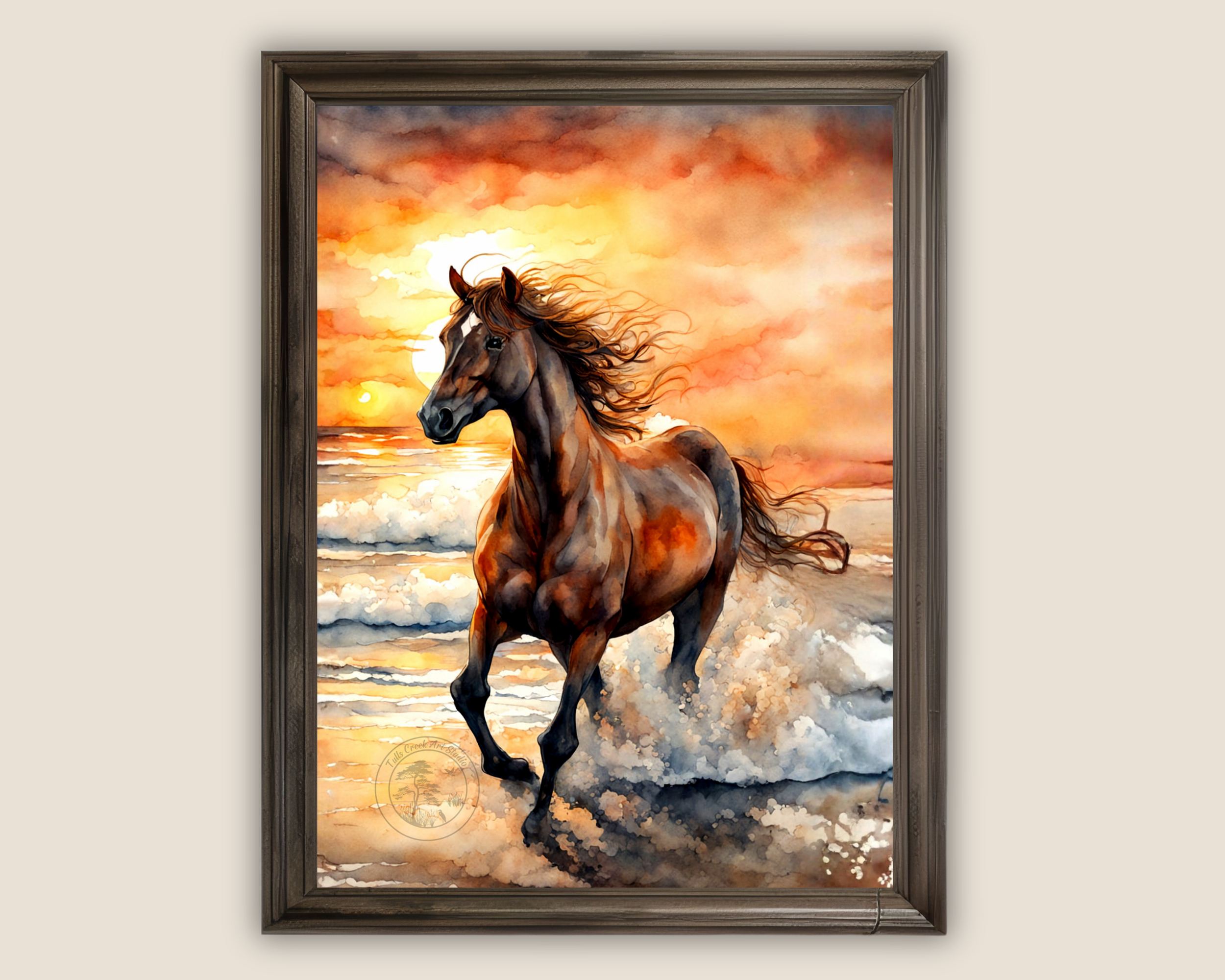 a powerful horse running along the shoreline at sunrise.