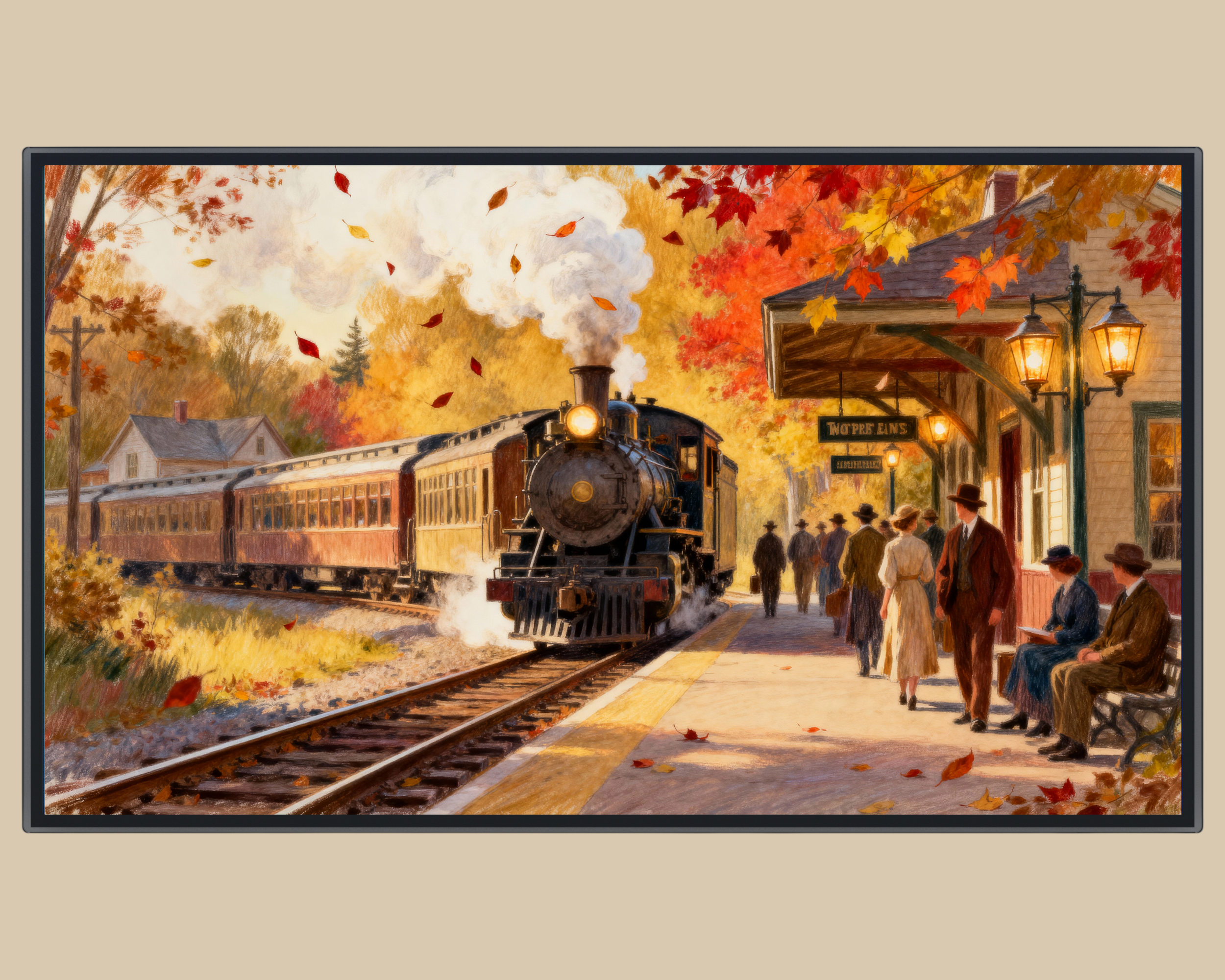 Step back in time with Behind the Traveler — a nostalgic autumn scene of a steam train pulling into a quiet mountain station. The golden leaves, soft light, and timeless charm make it a perfect Samsung Frame TV display or cozy fall decor piece.