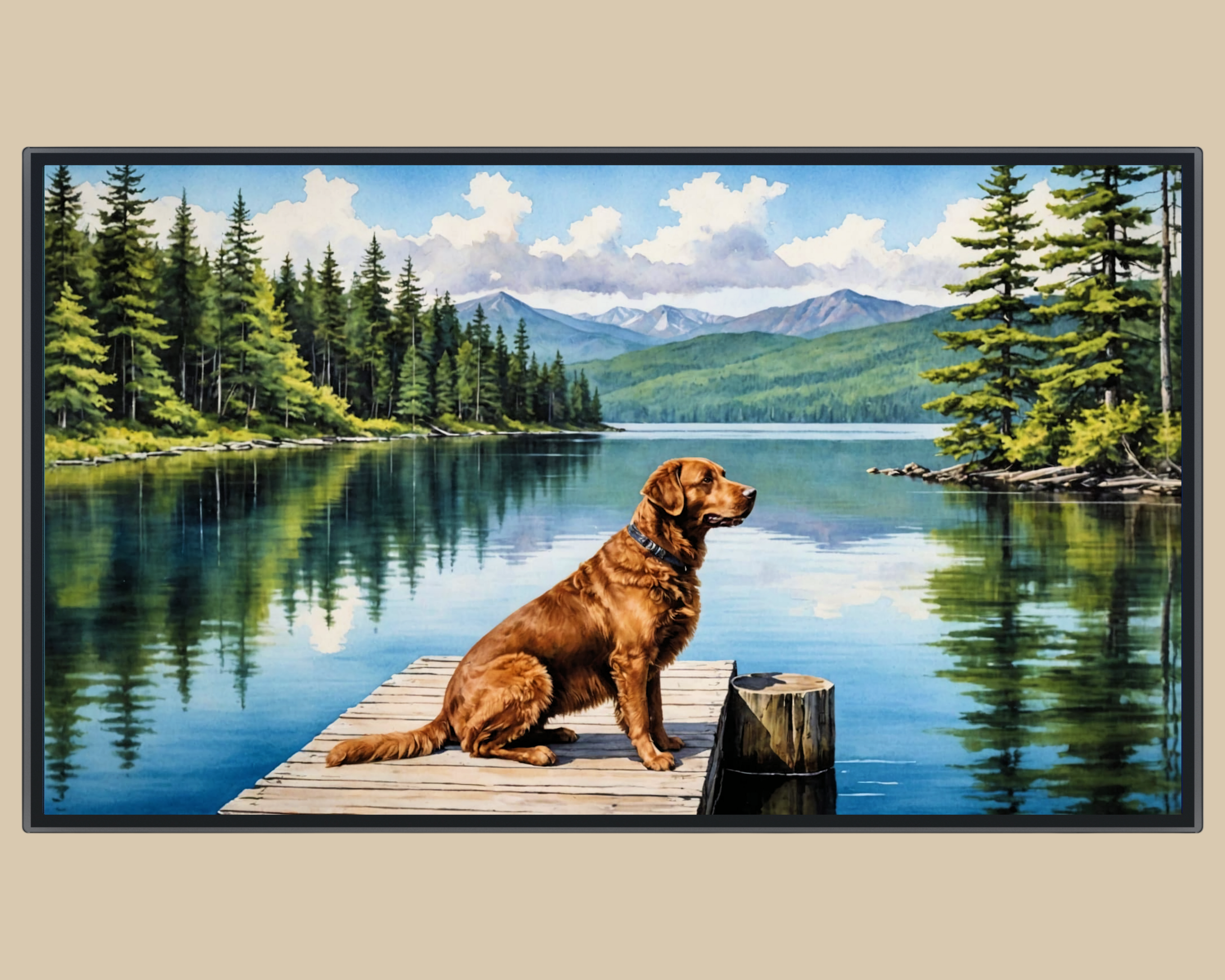 A loyal Irish Setter waits on the fishing dock for his master.
