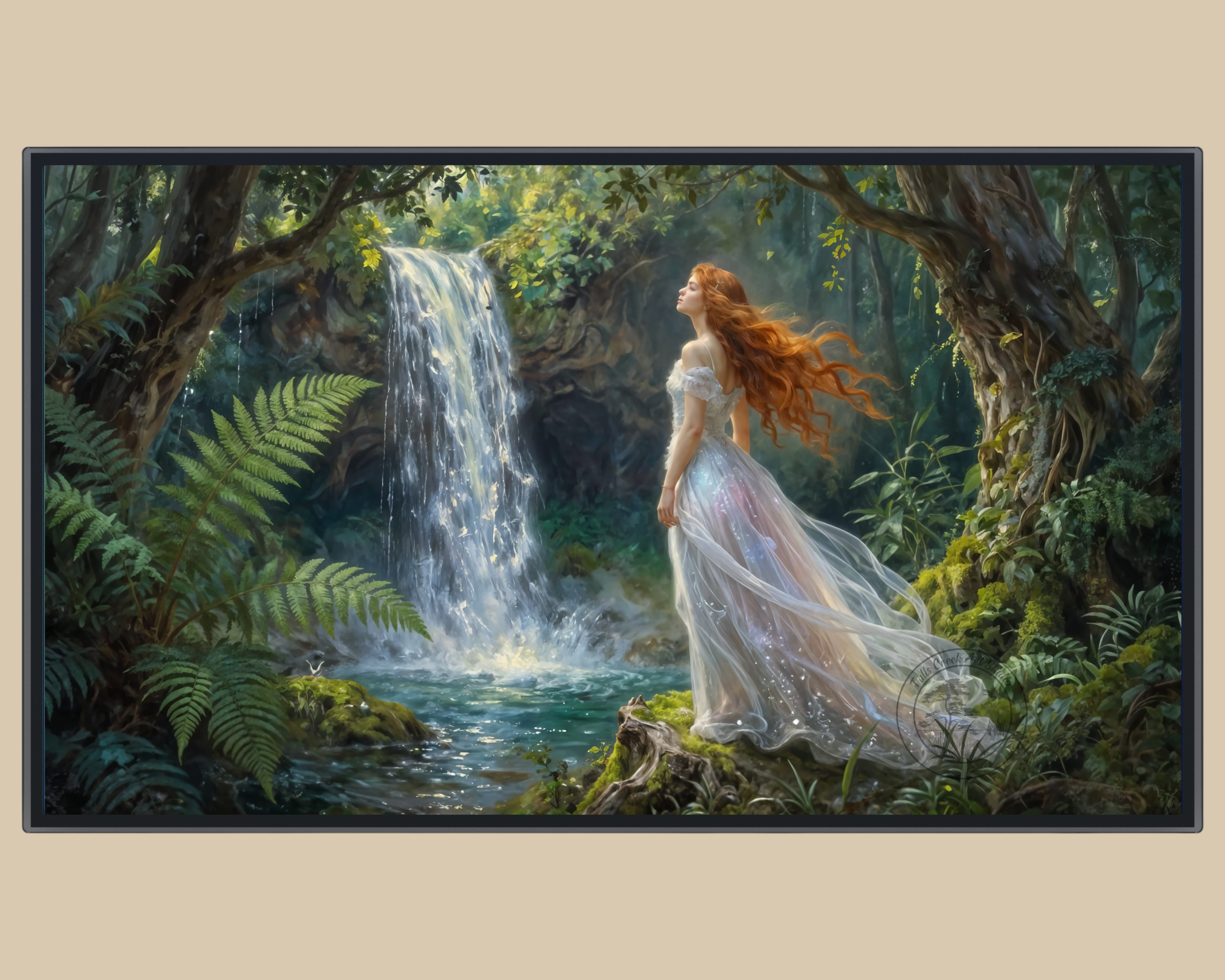 Ethereal fantasy woman standing at a forest waterfall with flowing gown and glowing light