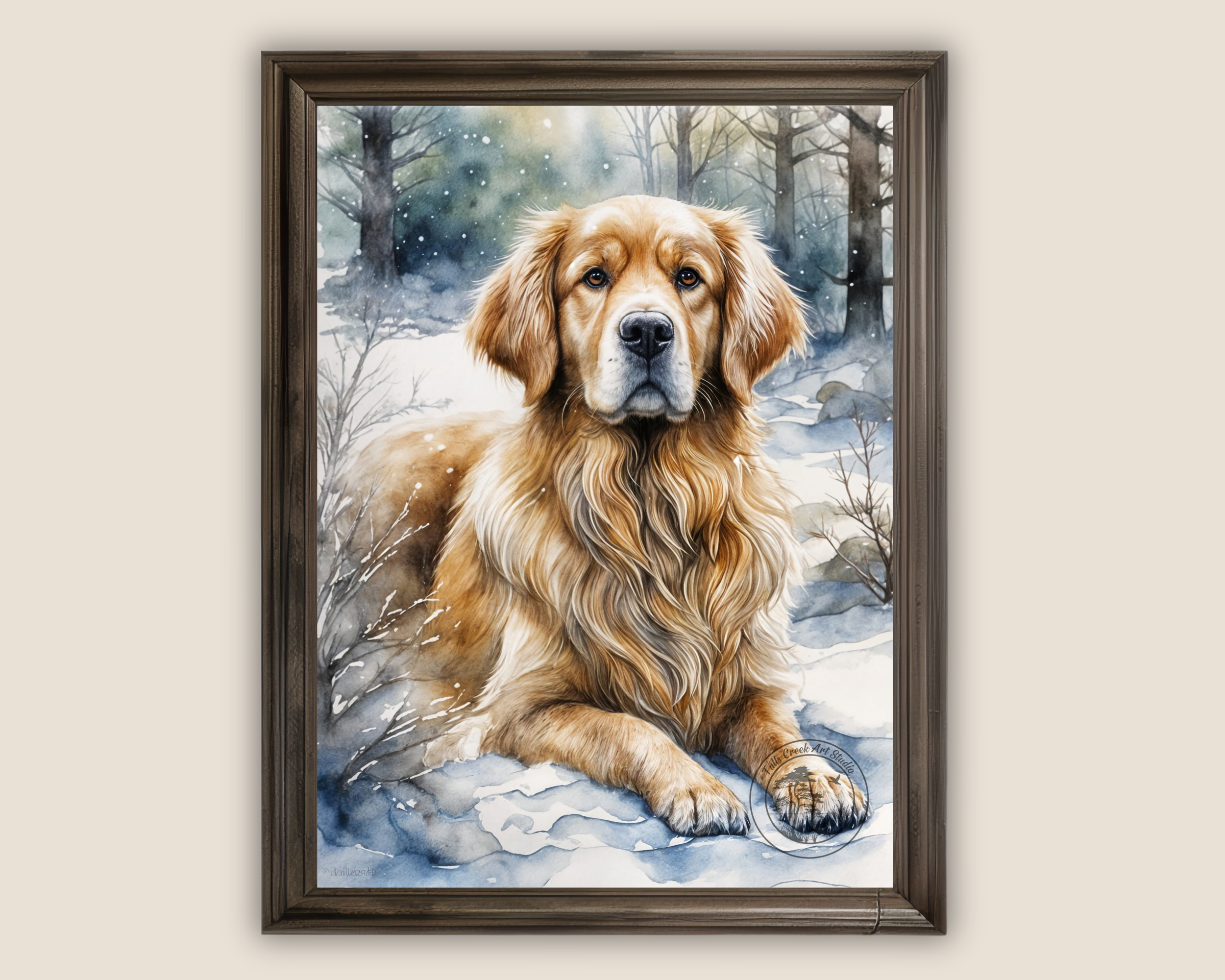 Golden Retriever laying in the snow.