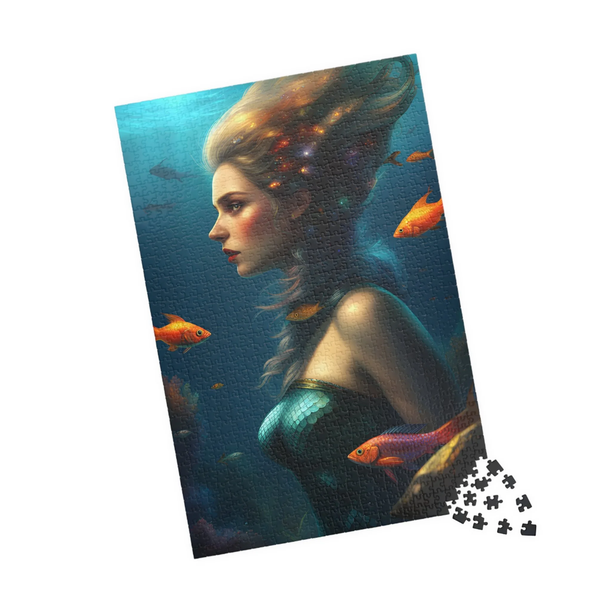 A jigsaw puzzle depicting a beautiful mermaid with fish swimming around her.