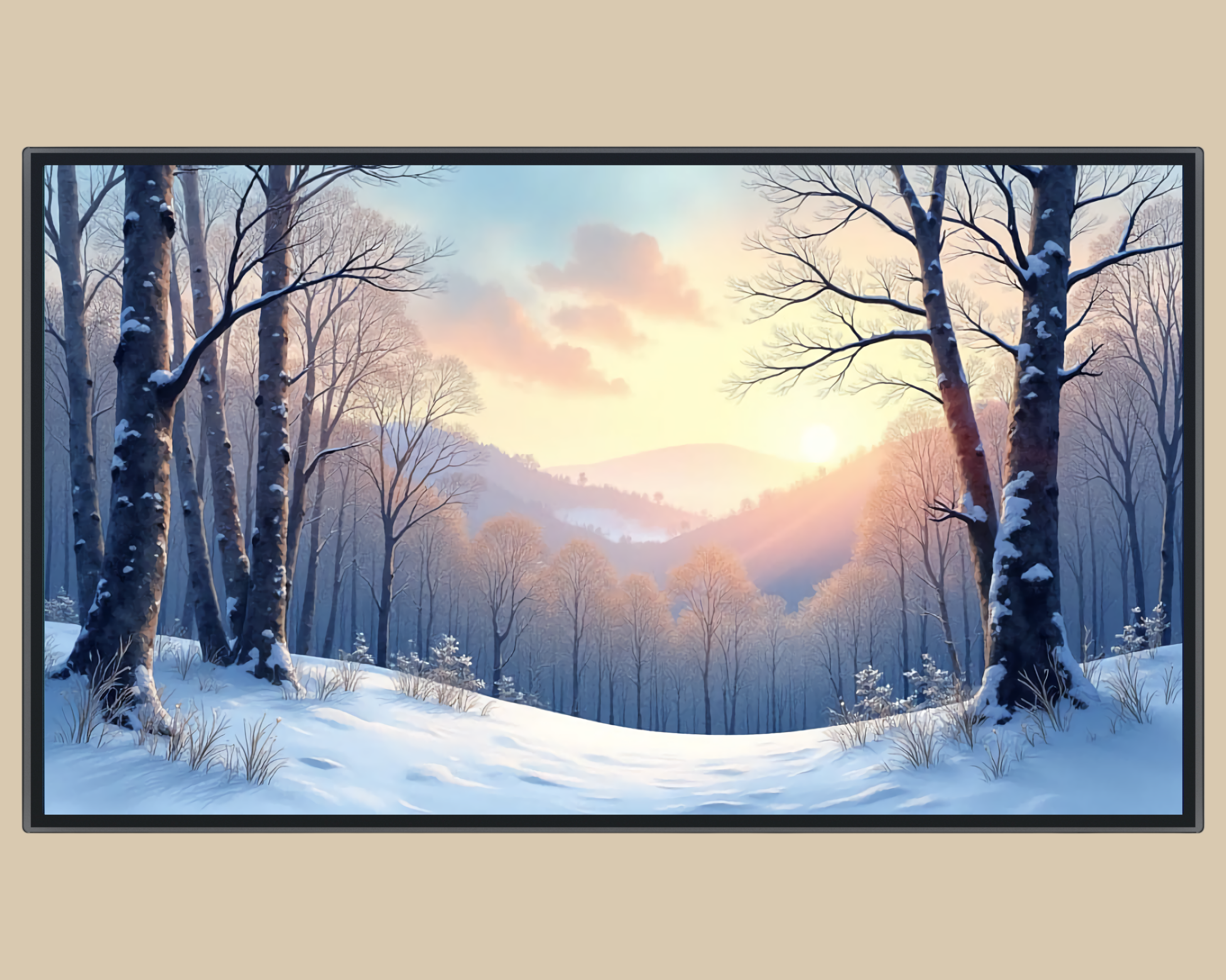 Tranquil Blue Ridge sunrise in winter — peaceful 4K digital landscape for your Frame TV or screen.