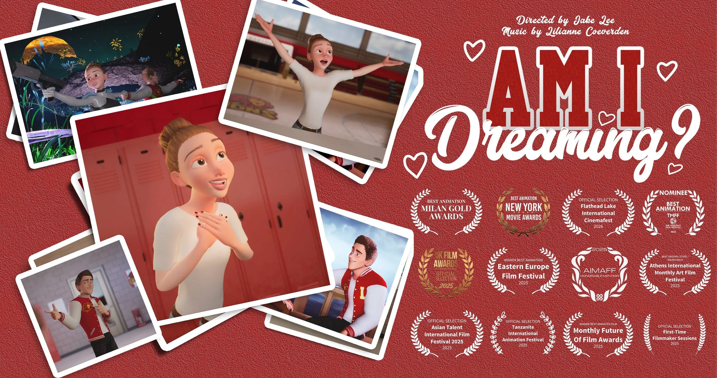 Am I Dreaming Poster with festival wins. Poster shows polaroid photos with images from the short film.