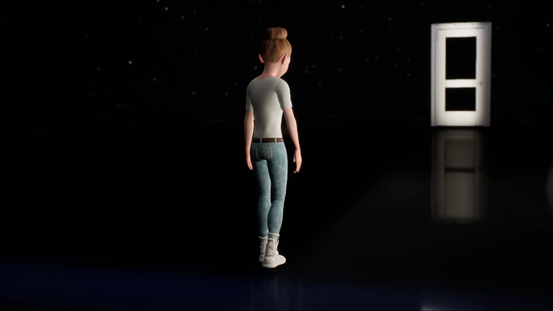 A woman standing in a dark room facing a glowing door.