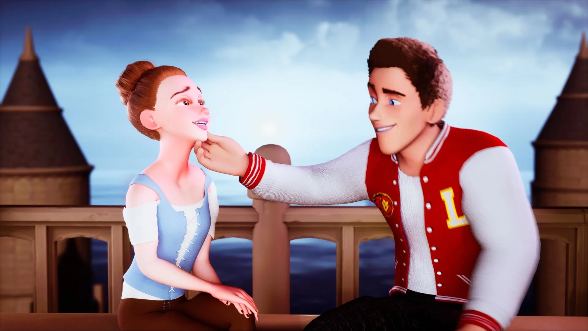 'Am I Dreaming?' Still Image of Kirstin and Dan sitting on the balcony of a Castle.