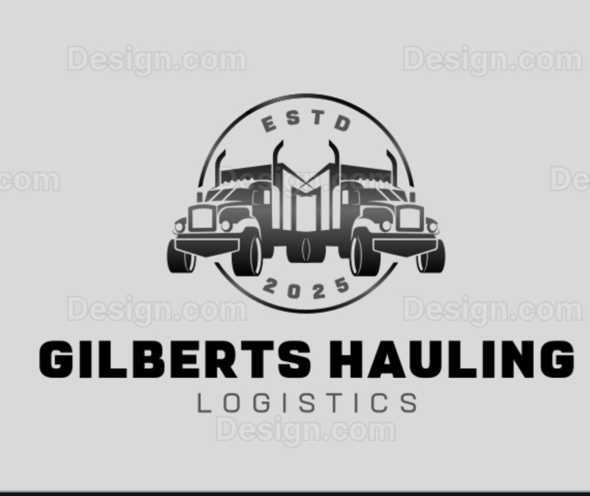A logo for Gilbert's Hauling Logistics features two black trucks facing each other with front views, encircled by the text 'ESTD 2025'. Below, the company name is in bold uppercase letters, with 'Logistics' underneath in smaller font.