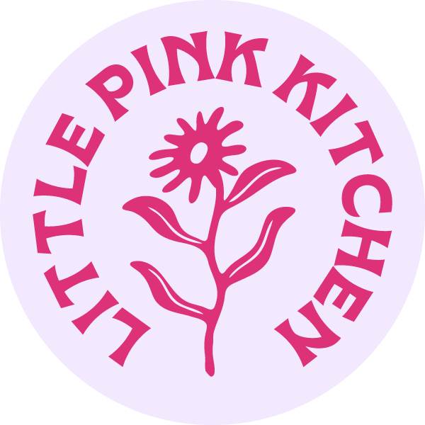 Pink Kitch logo with a pink flower in the center surrounded by the text 'Little Pink Kitchen' in pink on a light purple background.