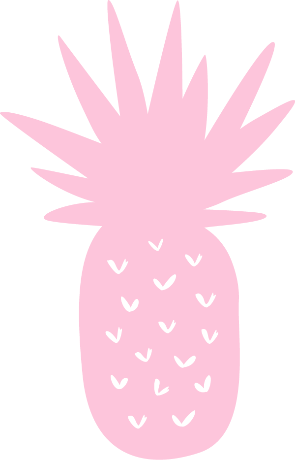Illustration of a pink pineapple with black seeds and spiky leaves.