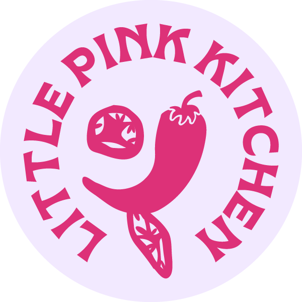Pink Kitsch logo featuring a stylized chili pepper with a face, surrounded by the text 'LITTLE PINK KITCHEN' in pink letters on a light purple background.