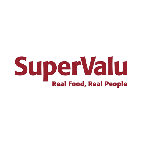 SuperValu logo with tagline 'Real Food, Real People' in maroon font on a white background.
