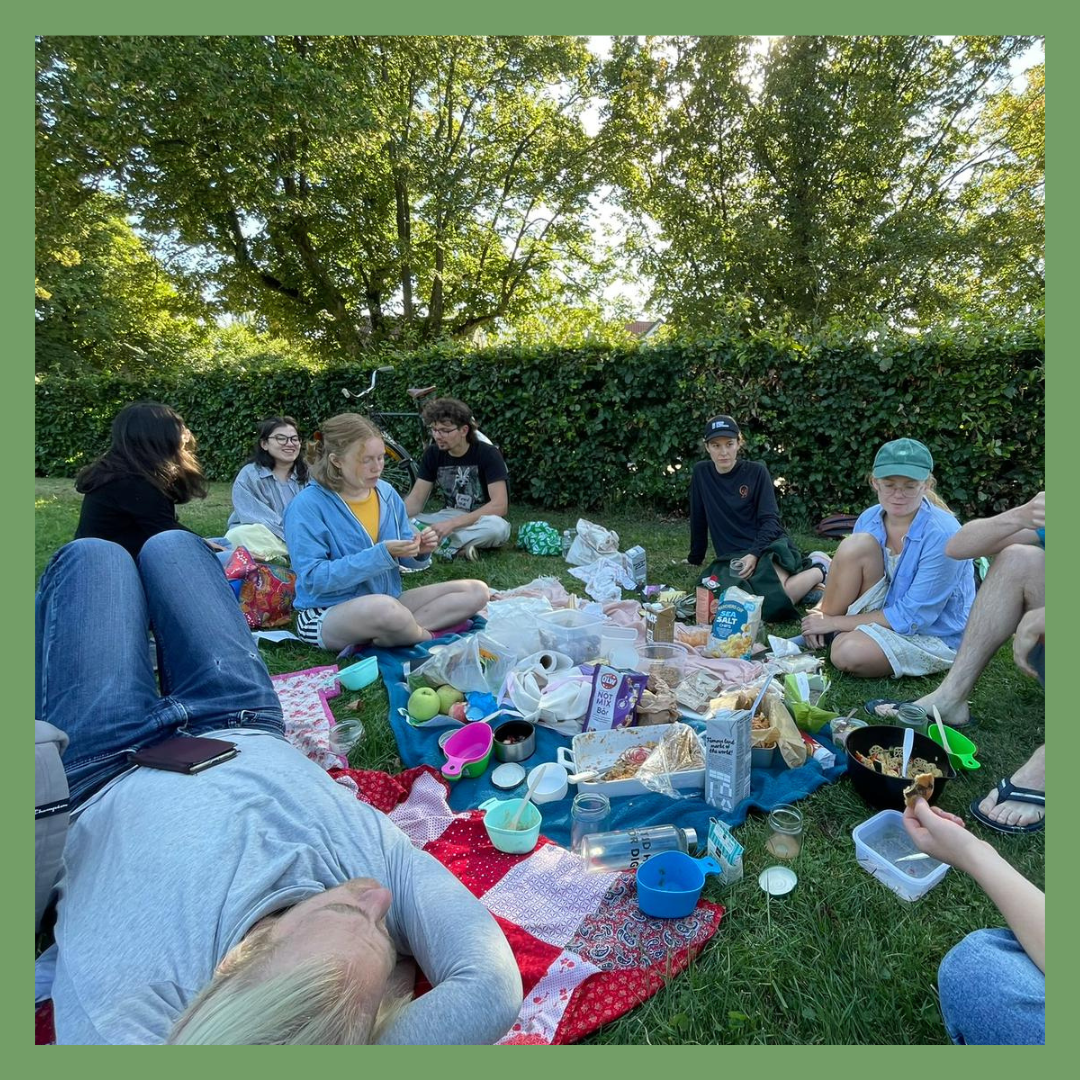 A group of people having a picnic outdoors on grass with trees and a hedge in the background. They are sitting around a blanket filled with food and beverages, some are speaking, eating, or looking at their phones.
