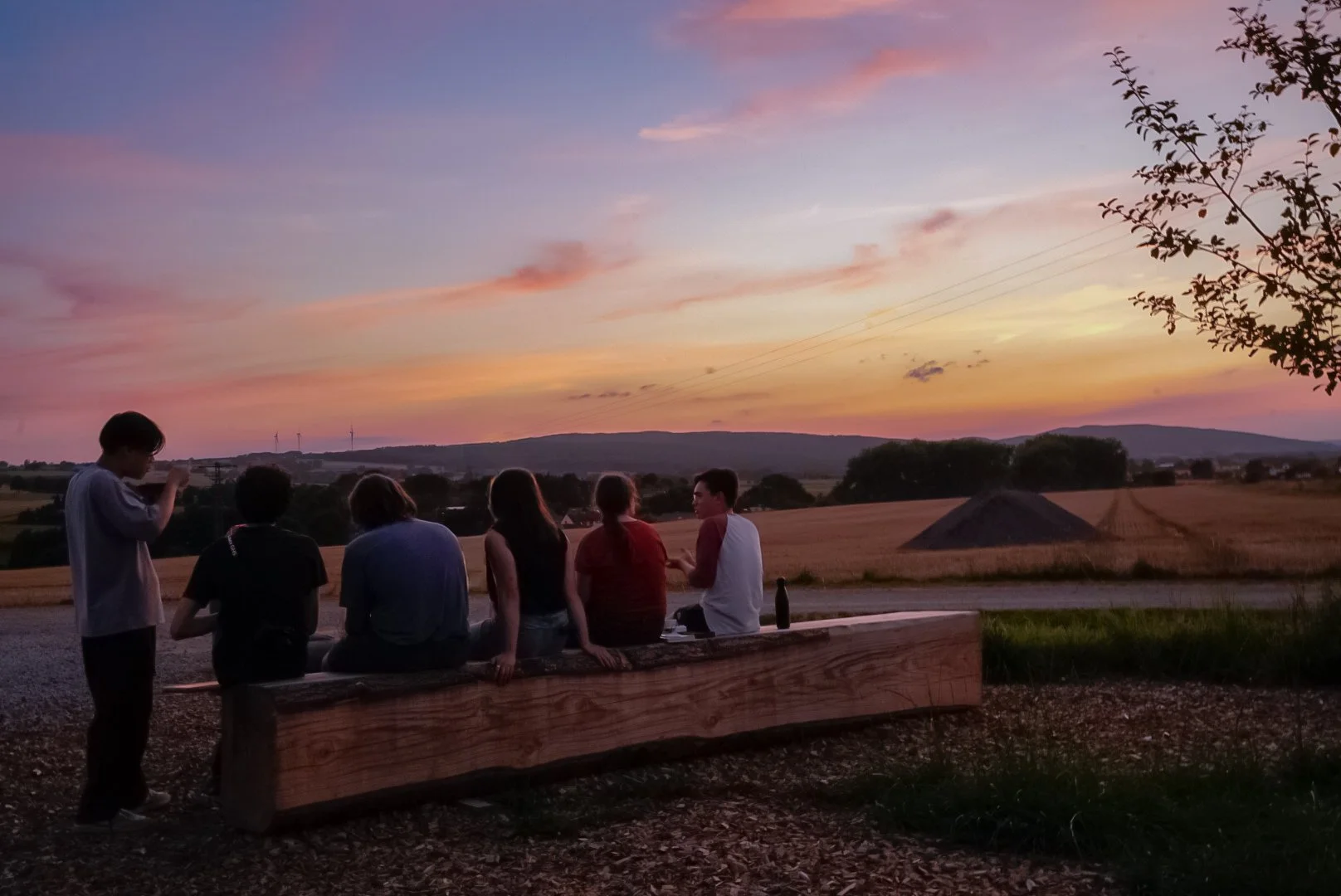 Six people sitting on a wooden bench outdoors during sunset, with a young man standing nearby. The background features open fields, trees, and a colorful sky with shades of pink, orange, and purple.