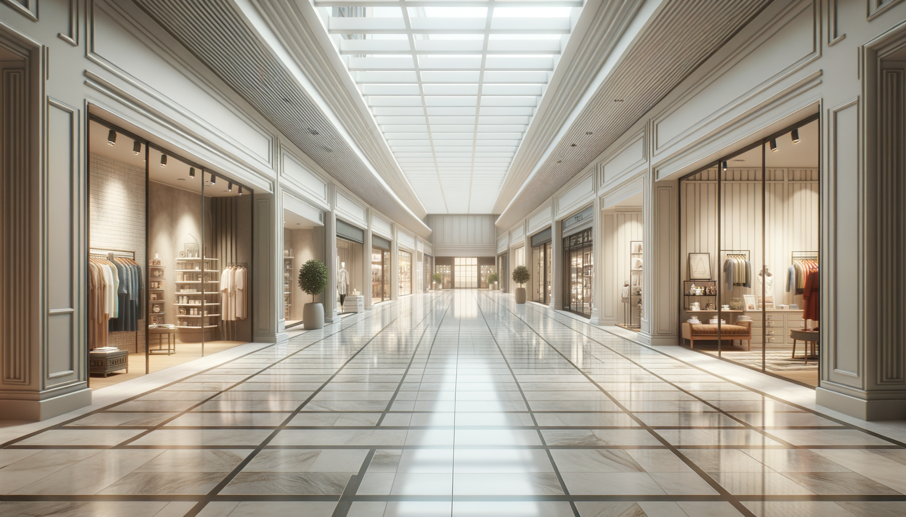 Empty shopping mall corridor with luxury storefronts, large glass windows, potted plants, and polished marble floors.