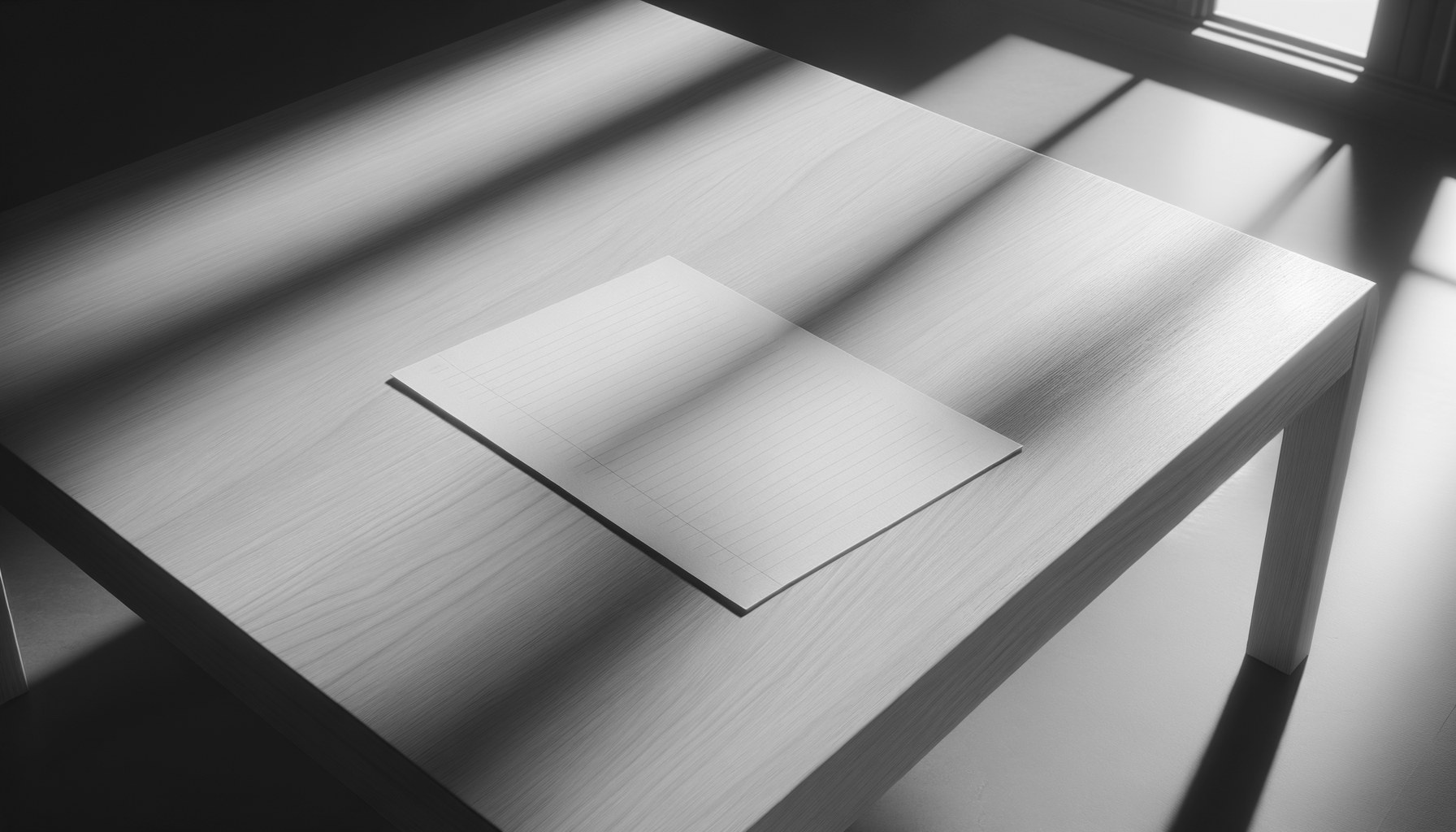 A white wooden desk with a lined notebook placed on it, sunlight casting shadows through a window.