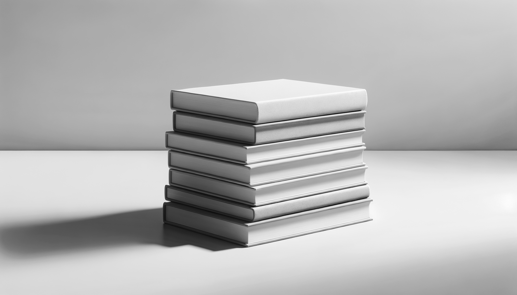 Stack of hardcover and paperback books on a white surface with a light gray wall background.