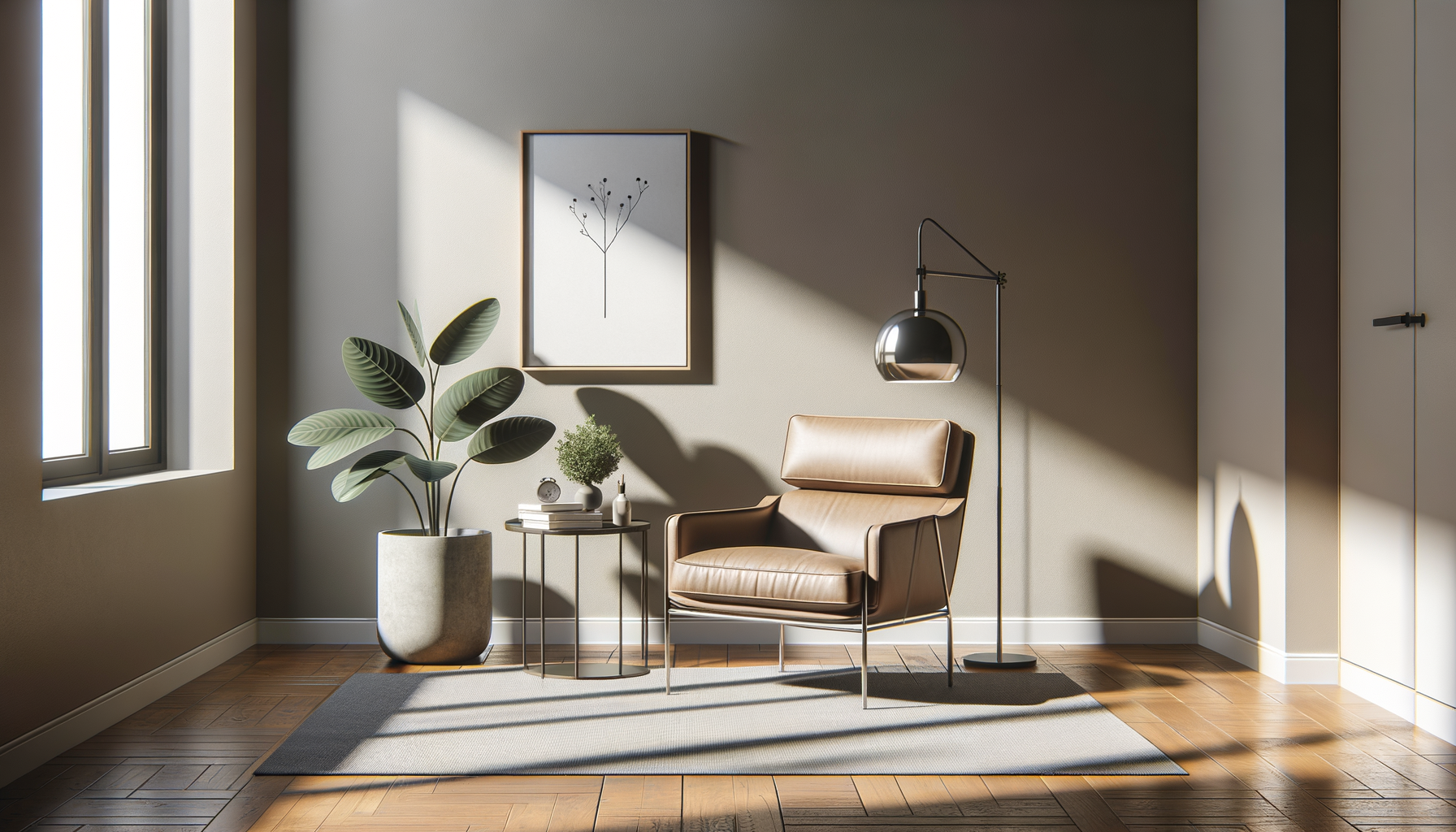 A cozy corner of a room featuring a beige leather armchair, a floor lamp with a metallic shade, a small side table with books, a potted plant, a framed botanical print, and sunlight coming through a window casting shadows on the wall.