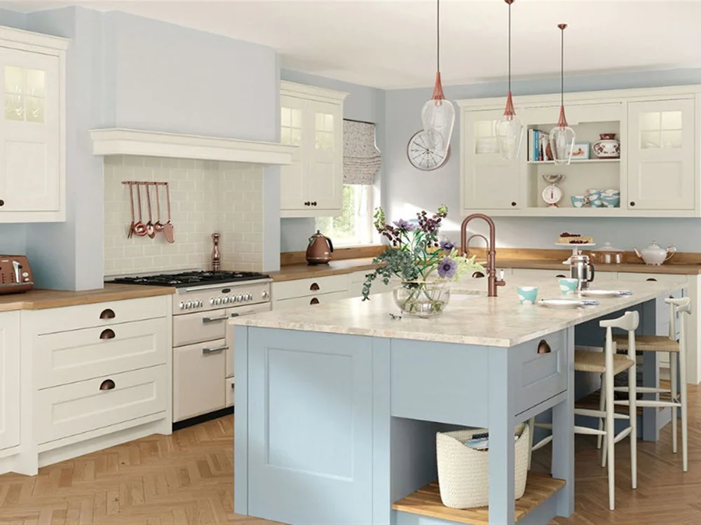 Dakota Beaded Shaker kitchen with cream cabinetry and a soft blue island — original DreamDecore catalogue