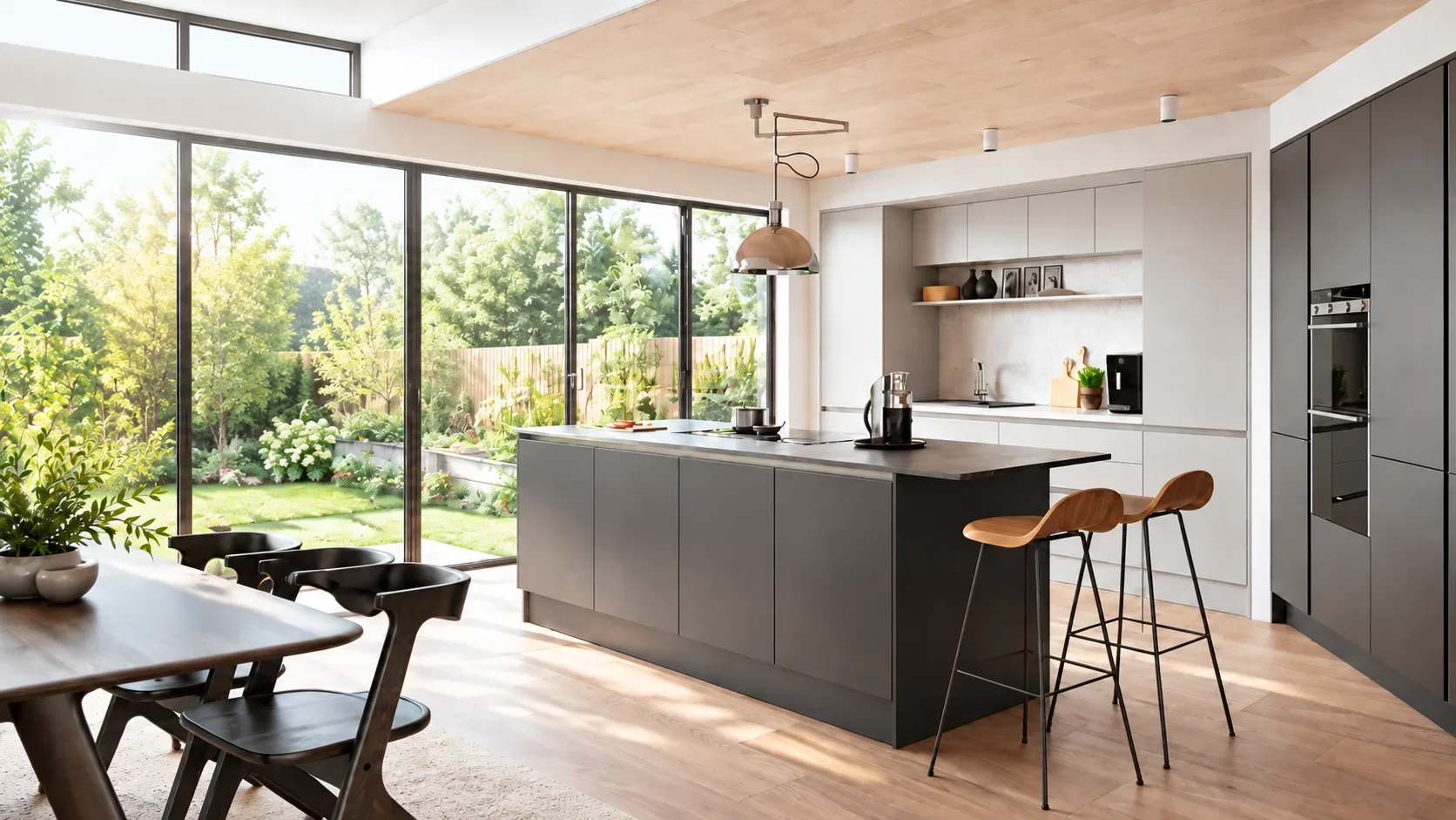 Modern kitchen with large windows looking out to a garden, light wood floors, gray cabinets, a large kitchen island with bar stools, and minimalistic decor.