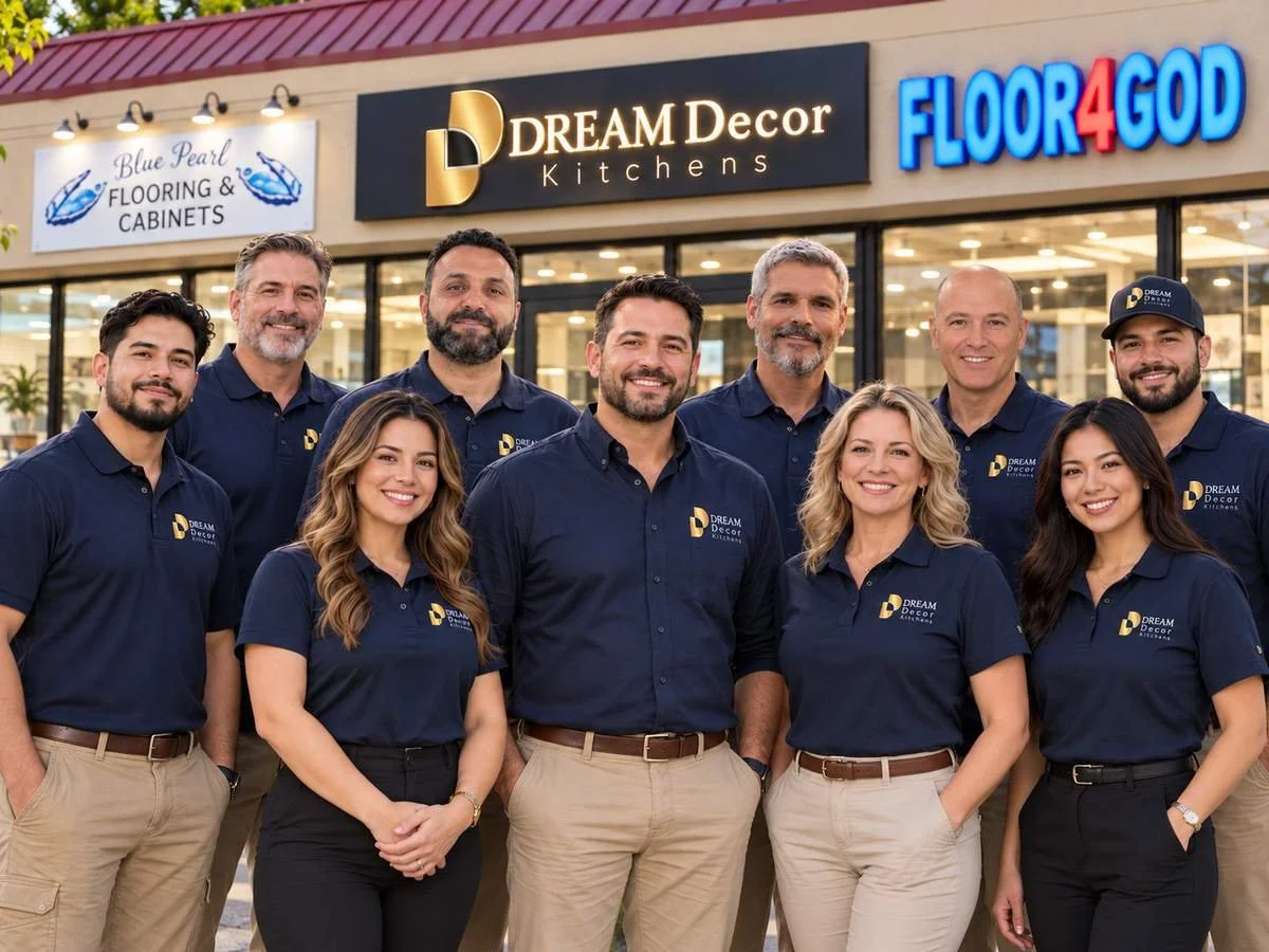 Dream Decor Kitchens branded group portrait outside a showroom.
