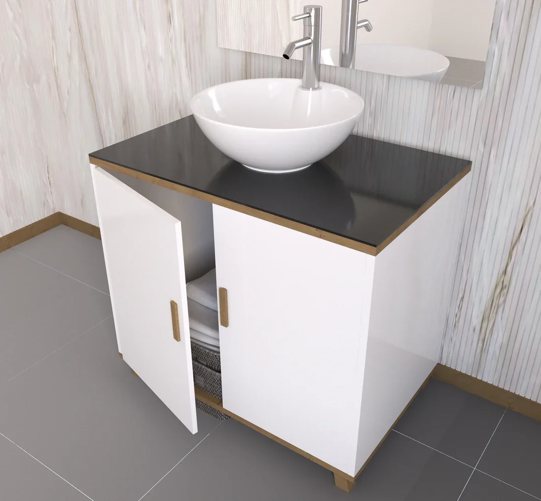 Small bathroom vanity with a round white vessel sink and a tall silver faucet. The cabinet is white with two open shelves underneath. A large mirror is on the wall above the sink.