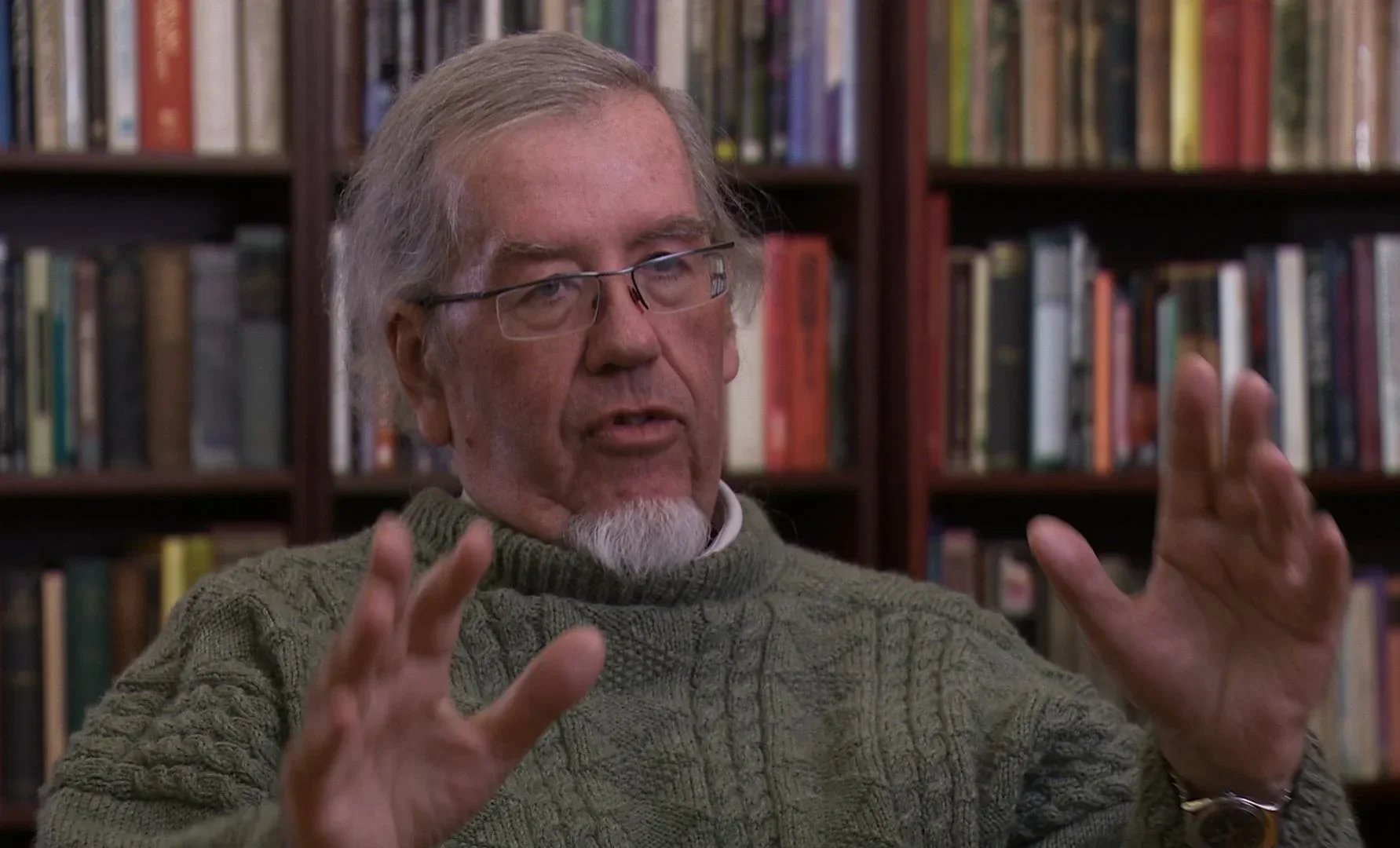 Nevill Drury con cabello gris, barba y gafas, usando un suéter de punto, en una biblioteca.