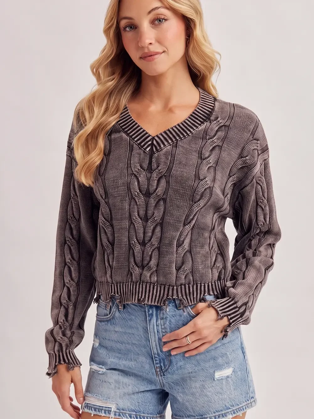 V-Neck Cropped Chunky Cable Knit Washed Sweater-Brown