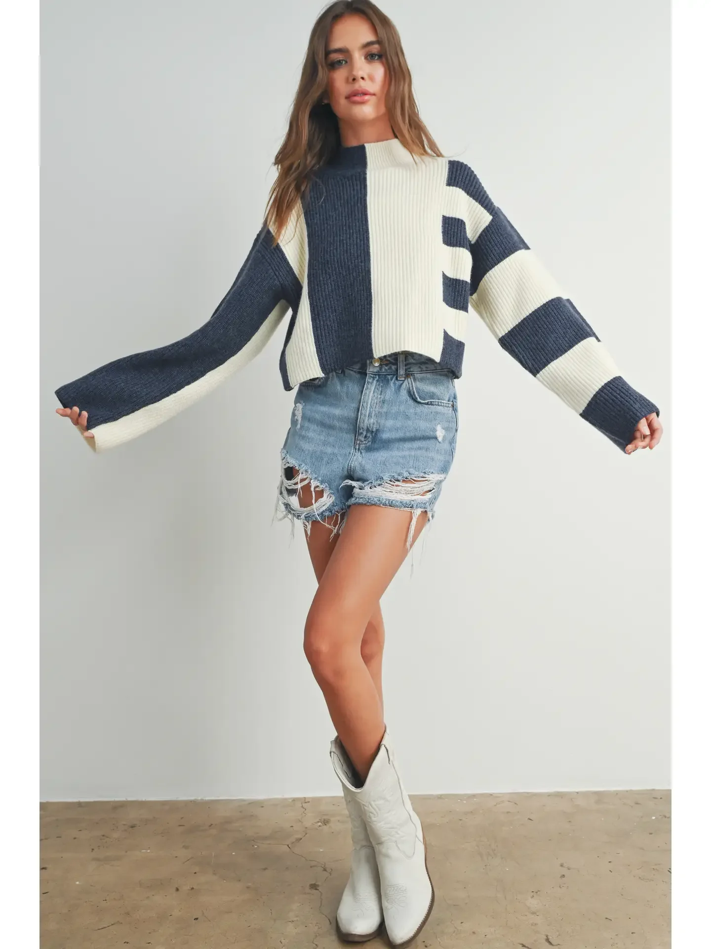 Color Block Mock Turtleneck Sweater--Blue and White