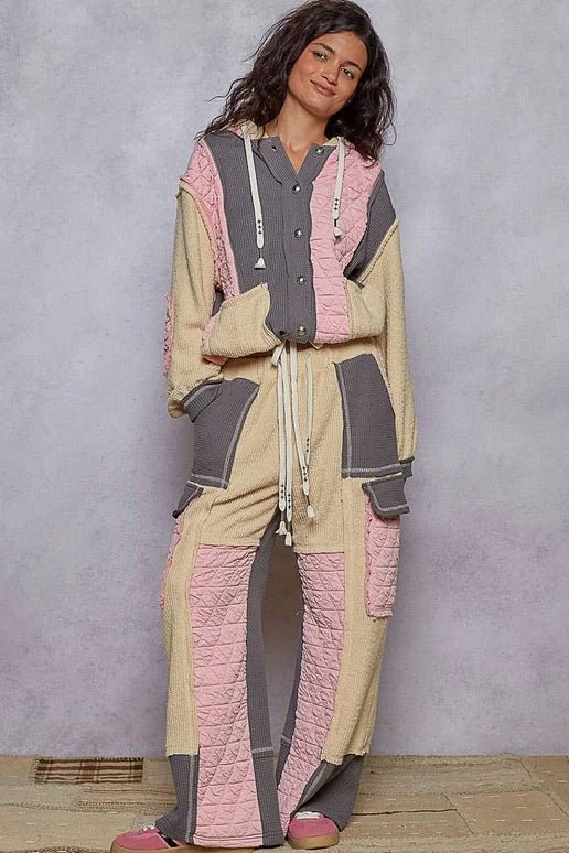 Cute Sewn Multi Fabric Quilted Thermal Hoodie Jacket